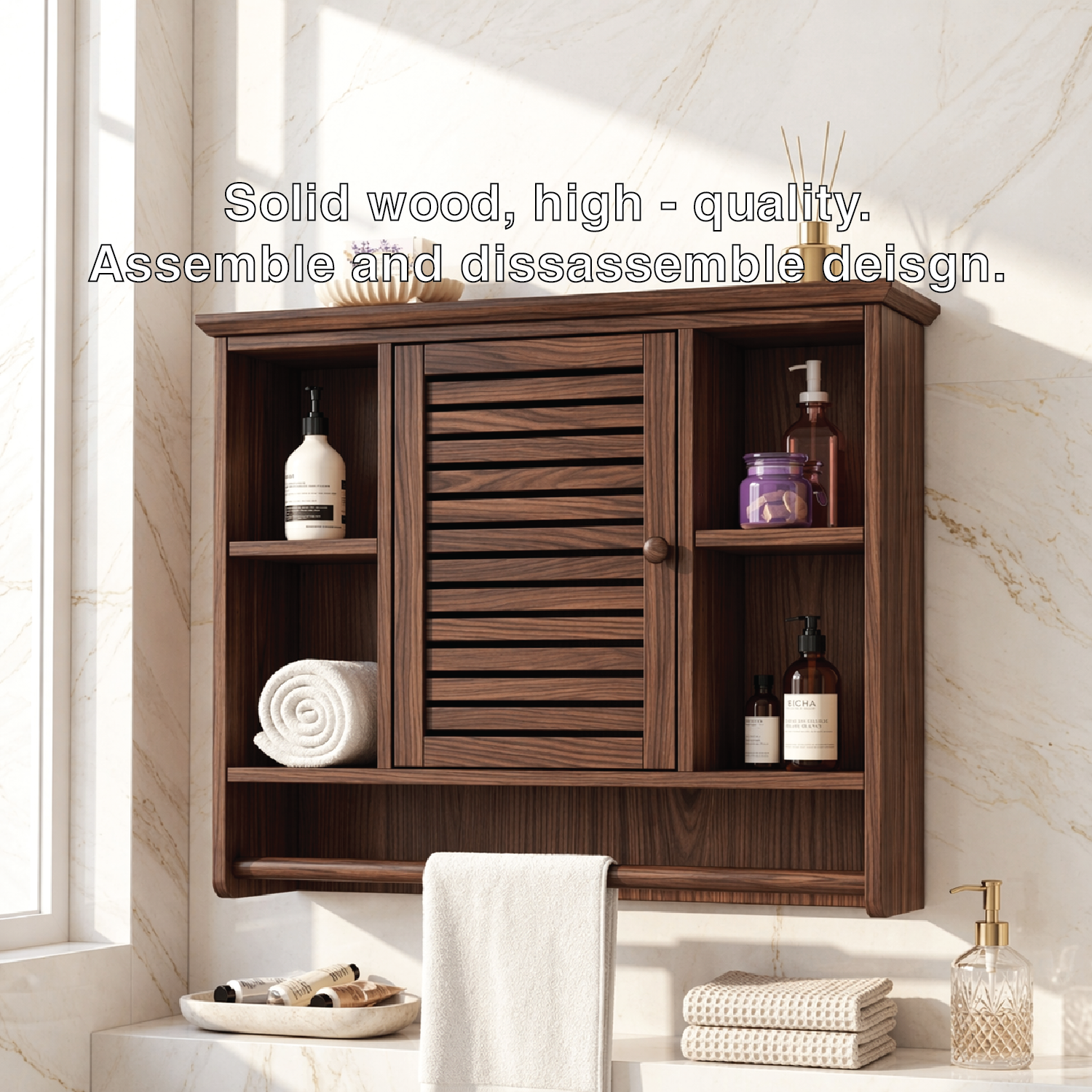 Floating Bathroom Cabinet, Wall-Mounted Vanity Storage With Slatted Door Towel Bar