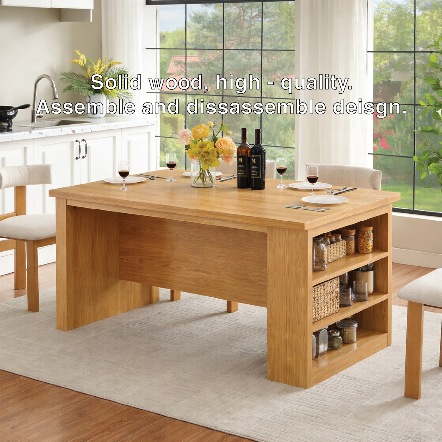 Large Kitchen Island with Side Shelves, Modern Prep Table, Storage Island for Dining Space