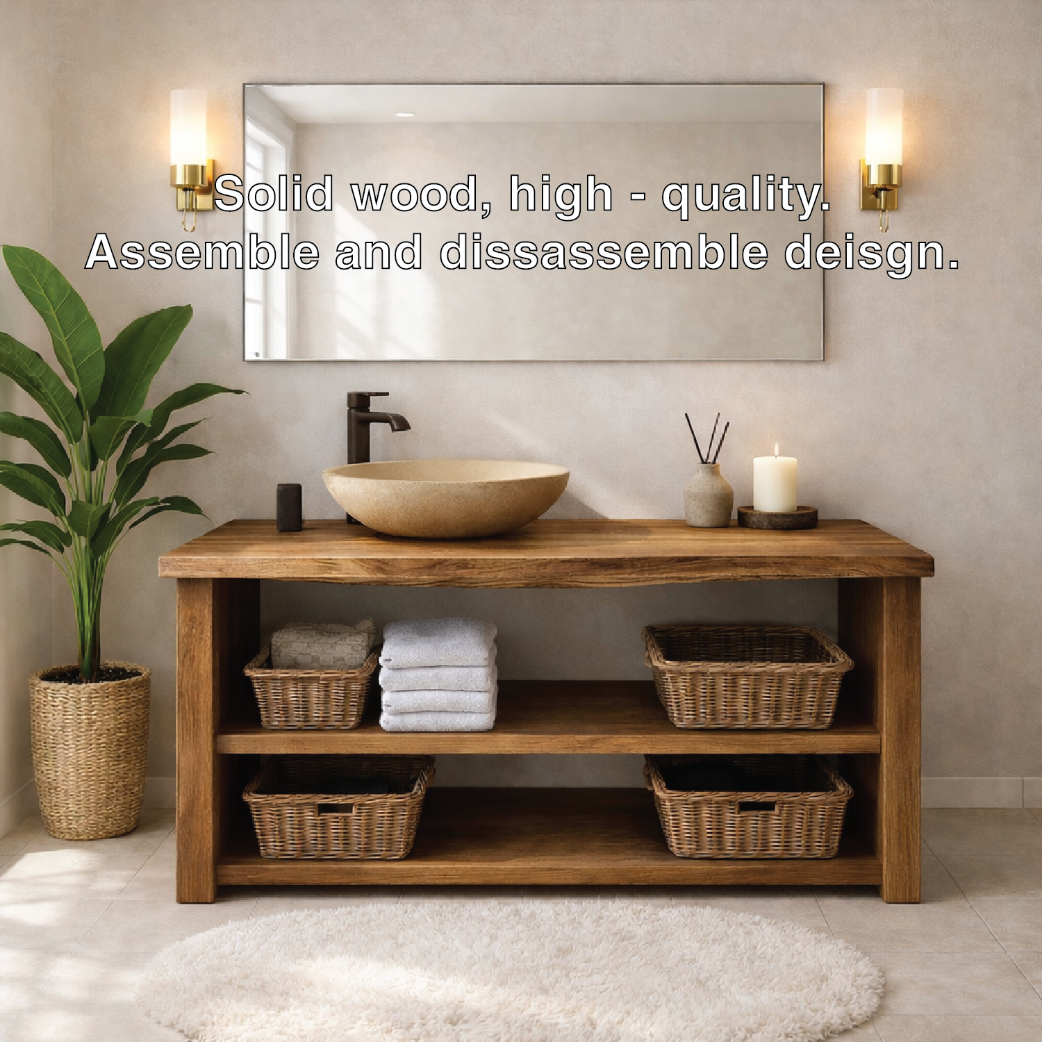 Rustic Wooden Bathroom Vanity with Open Shelves and Modern Faucet