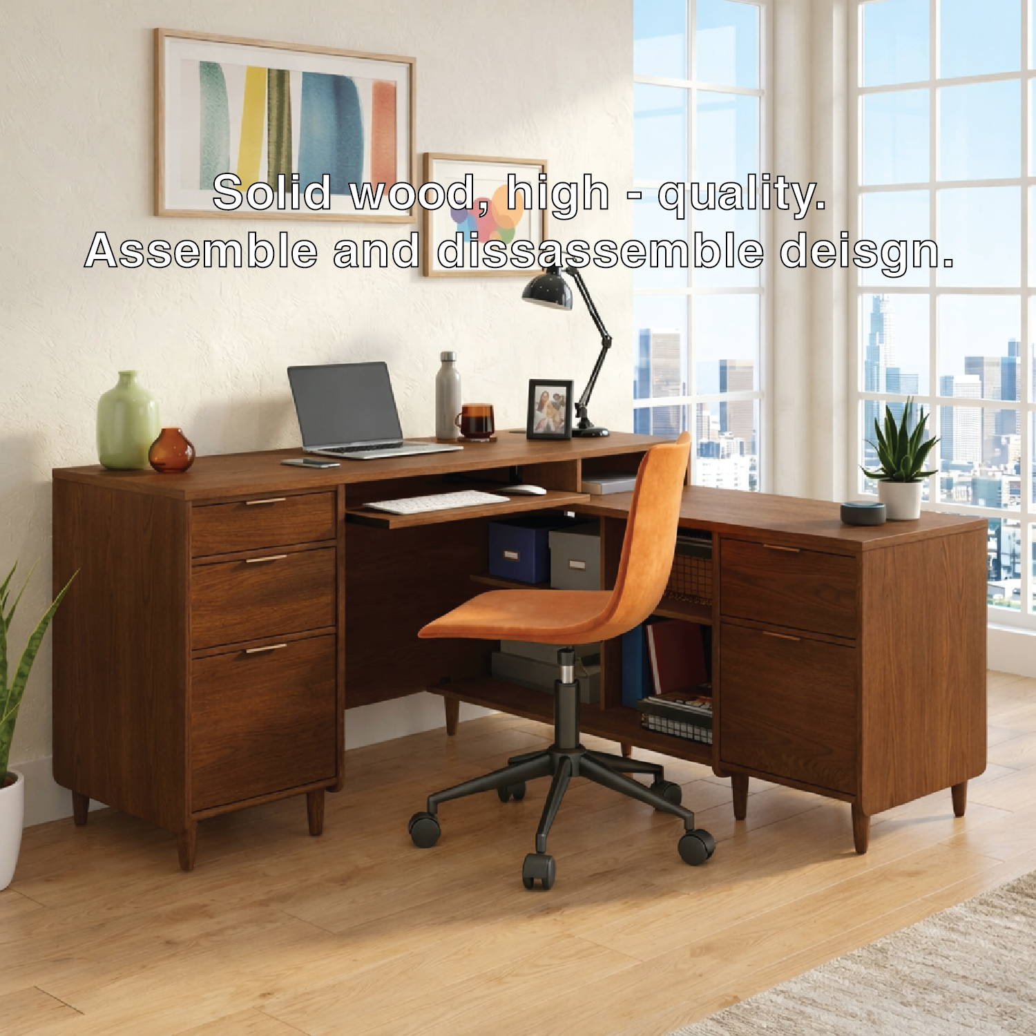 Modern L Shaped Executive Desk with Drawers, Corner Home Office Writing Table