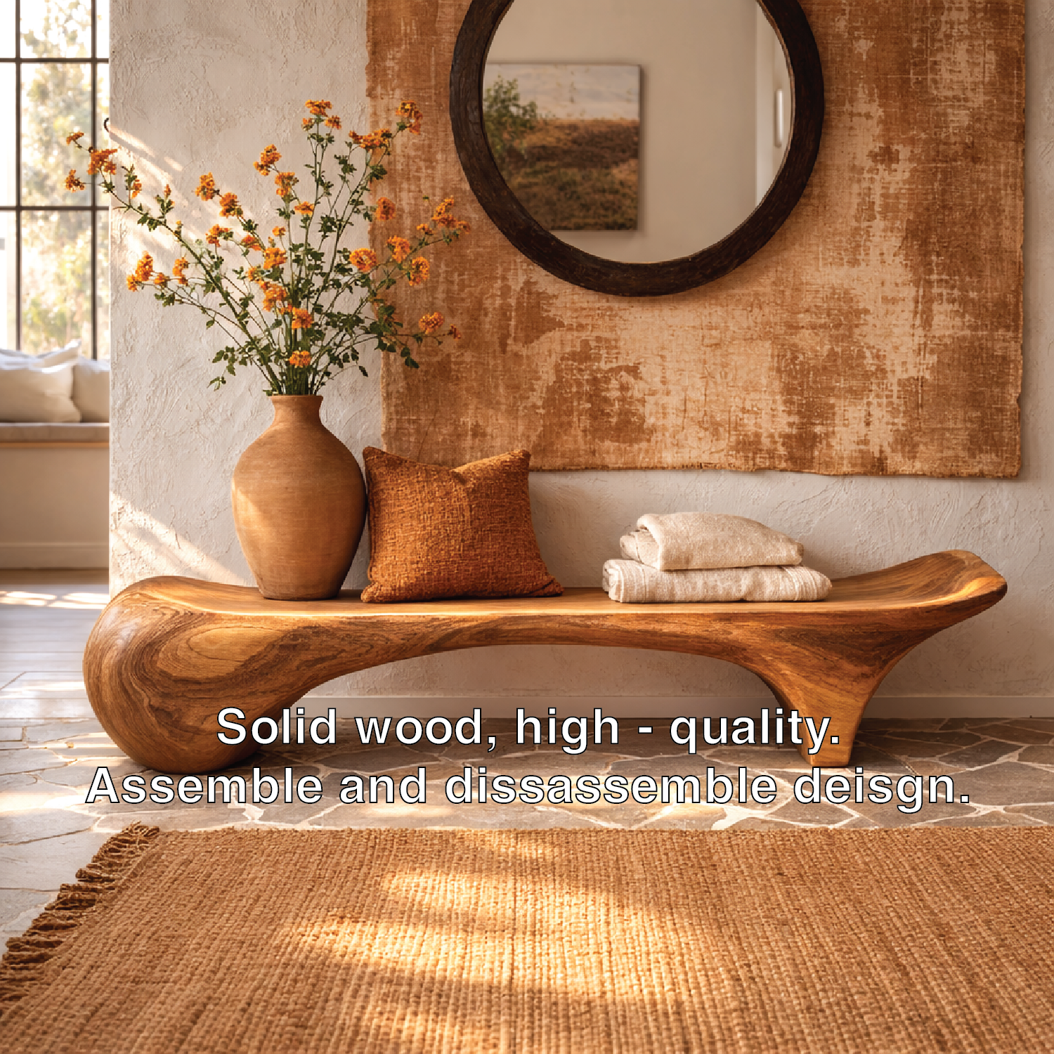 Sculptural Solid Wood Bench, Organic Modern Entryway Statement Seat