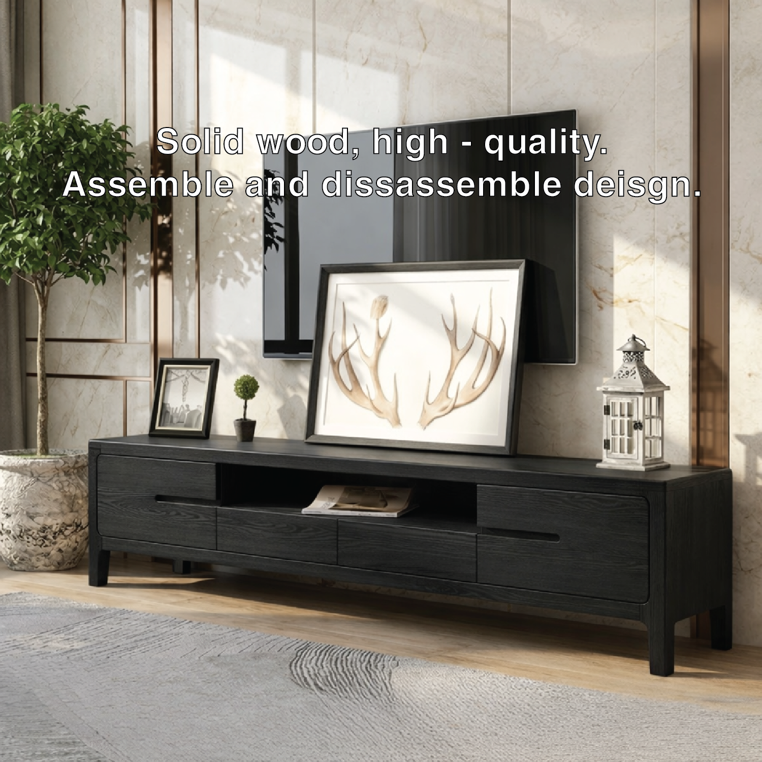 Solid Wood TV Stand with Drawers, Modern Low Profile Media Console Cabinet