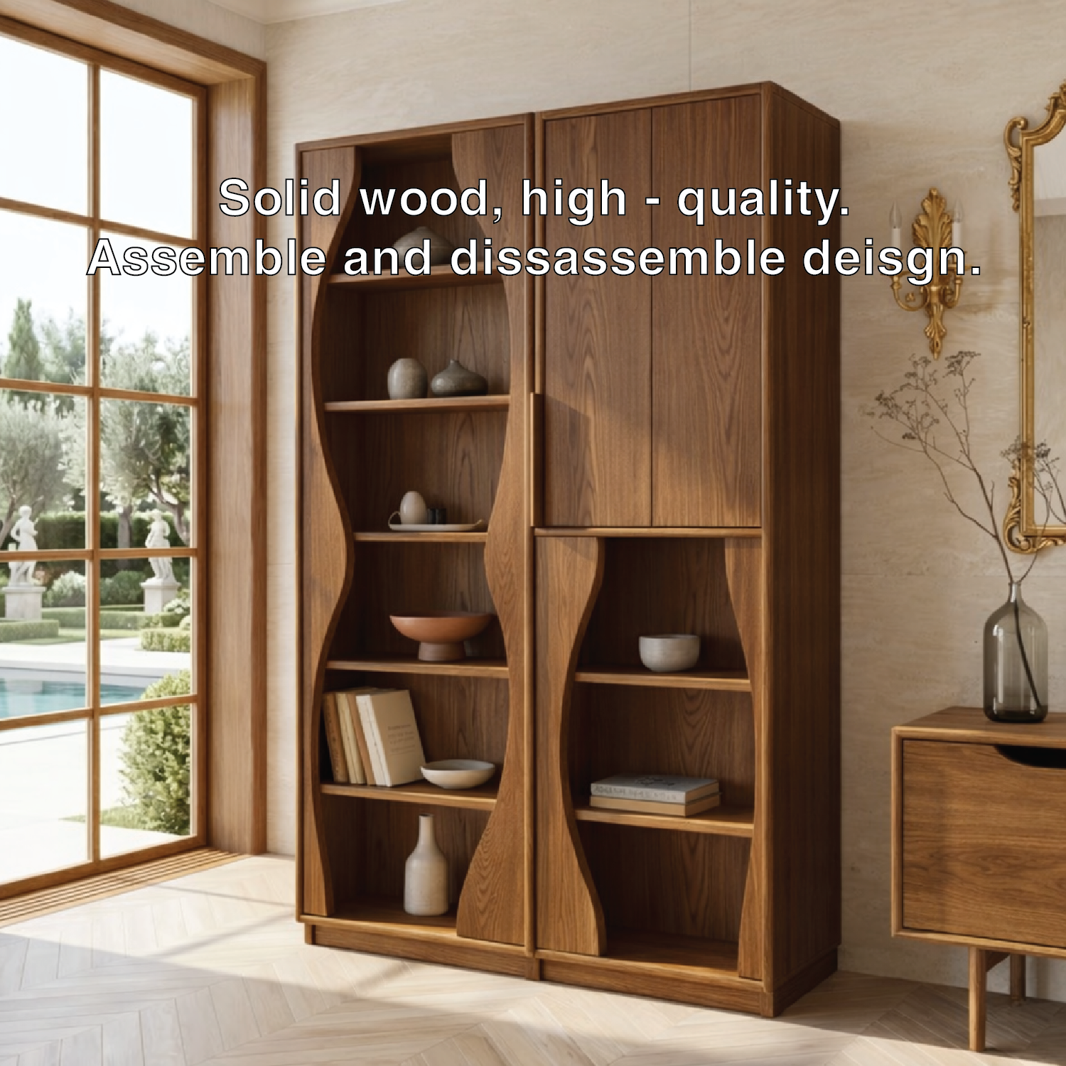 Modern Display Cabinet with Wavy Open Shelves and Tall Concealed Storage