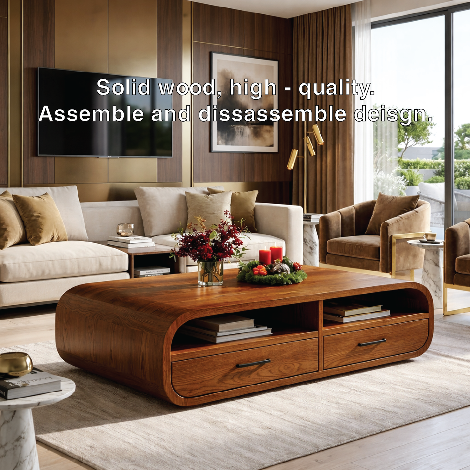 Modern Wooden Coffee Table with Drawers and Storage Space