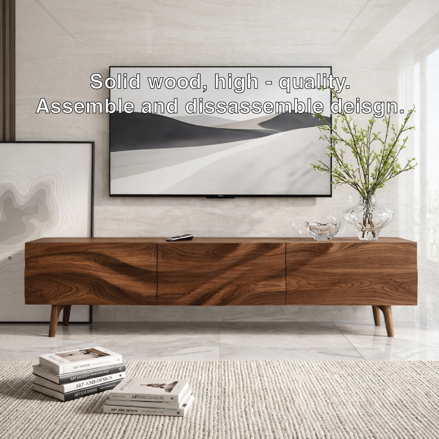 Solid Wood TV Stand, Natural-Grain Mid-Century Media Console Entertainment Center