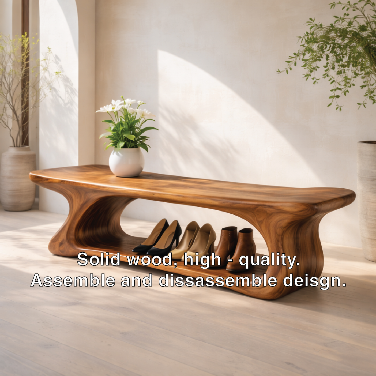 Sculptural Solid Wood Storage Bench, Modern Organic Entryway Shoe Bench