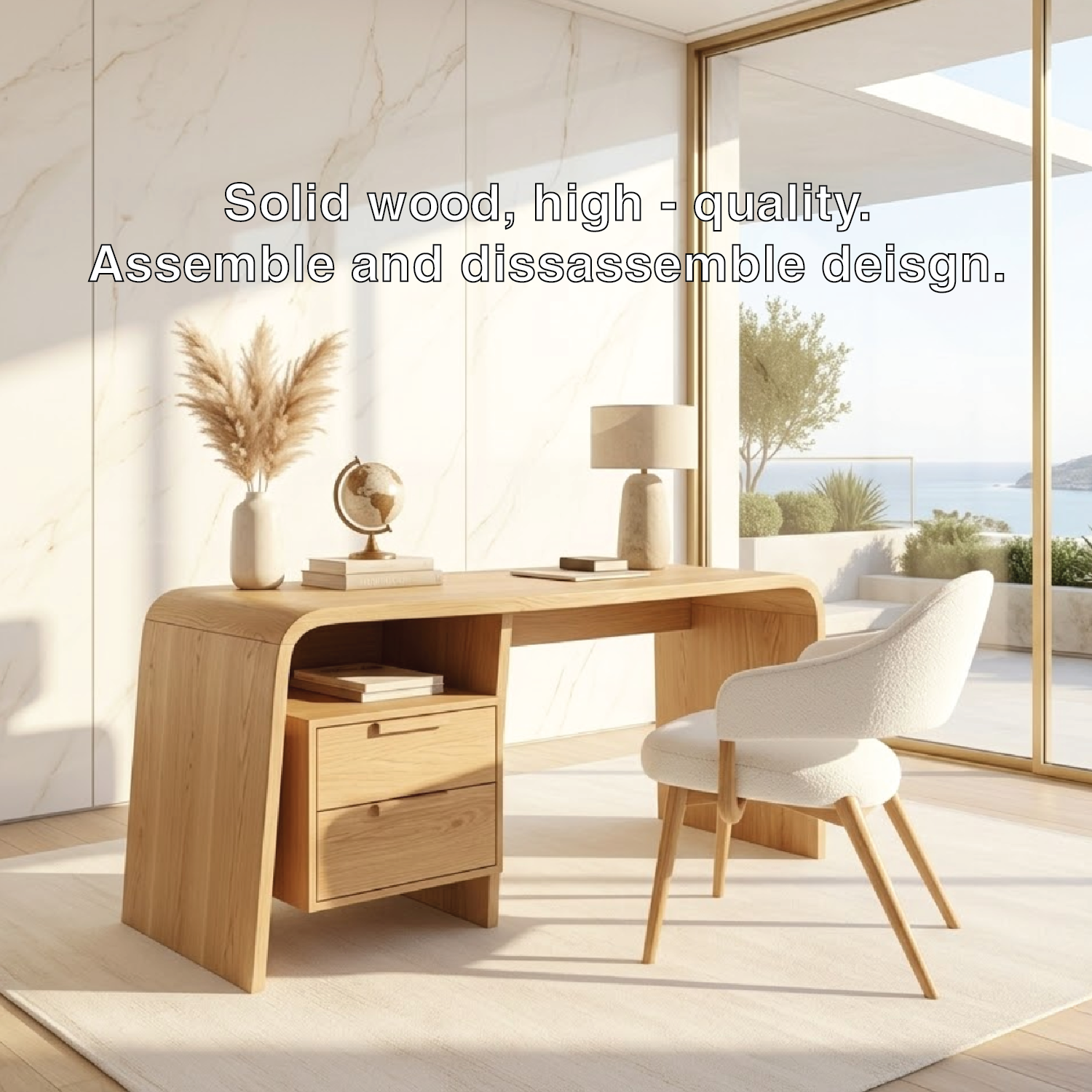 Modern Curved Writing Desk with Drawers Home Office Work Table Minimal Design