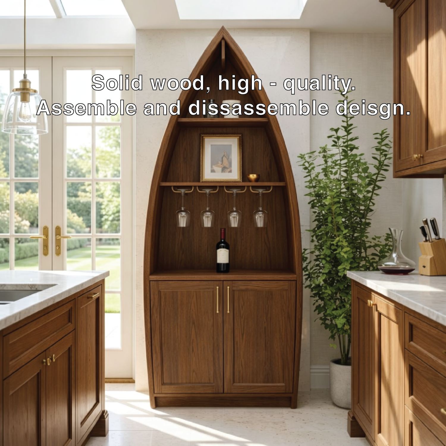 Modern Boat Shaped Bar Cabinet with Glass Rack and Concealed Storage Doors