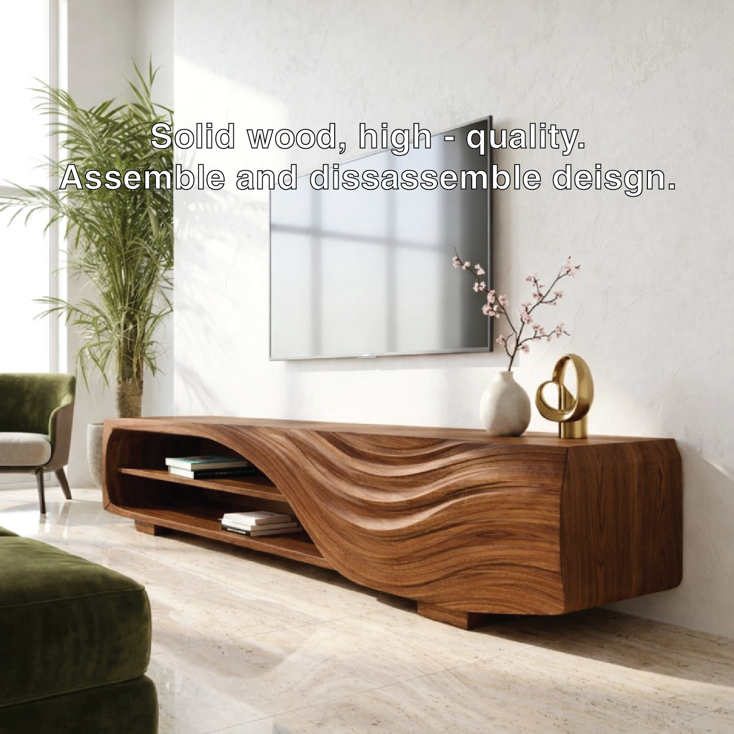 Solid Wood TV Stand with Curved Wave Design, Modern Media Console Cabinet