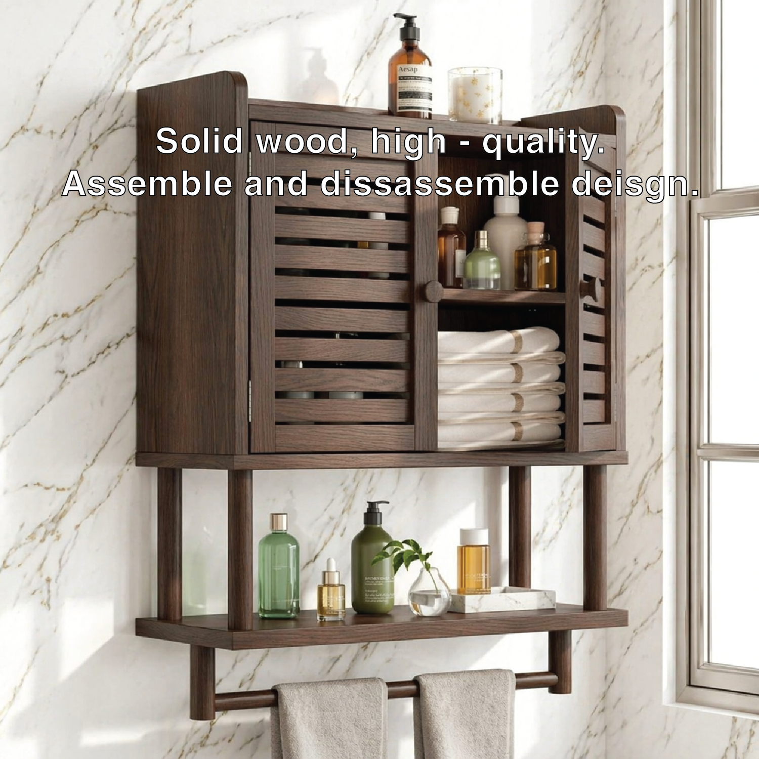 Modern Bathroom Cabinet, Slatted Wall-Mounted Vanity Storage Shelf With Towel Bar