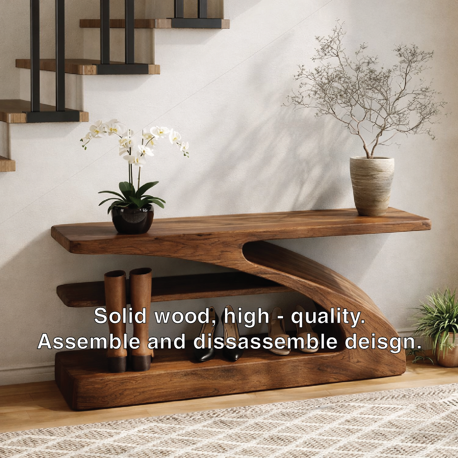 Modern Sculptural Solid Wood Entryway Bench with Shoe Storage