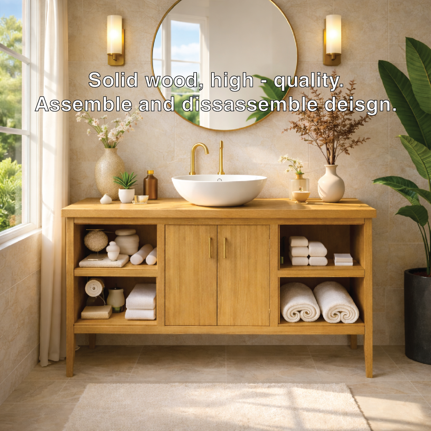 Sleek Wooden Bathroom Vanity with Open Shelving and Storage
