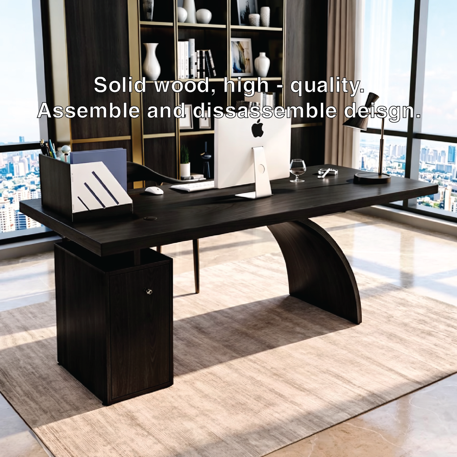 Modern Executive Desk with Curved Base, Large Minimalist Home Office Writing Table