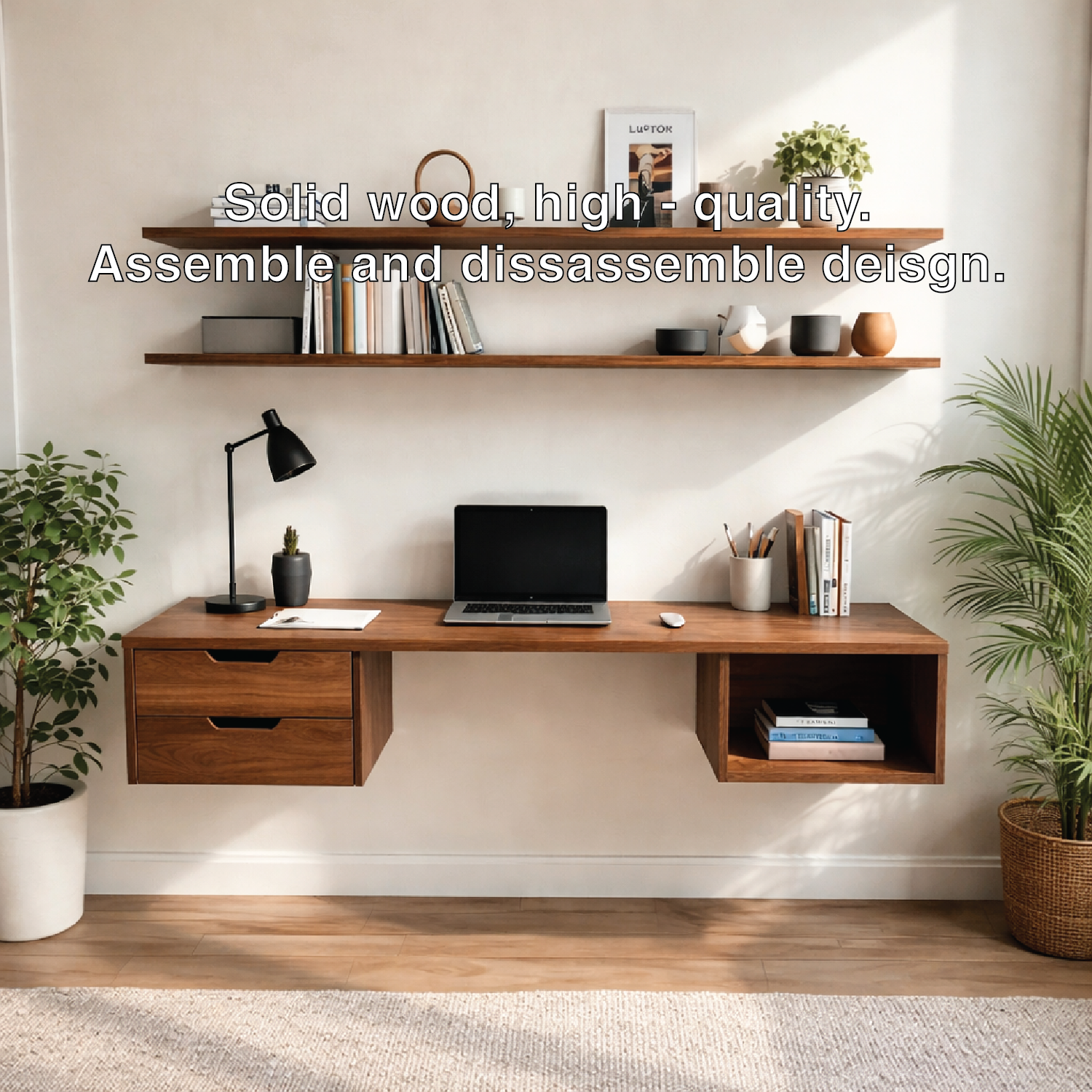 Floating Oak Desk with Shelf – Minimalist Wall Workspace