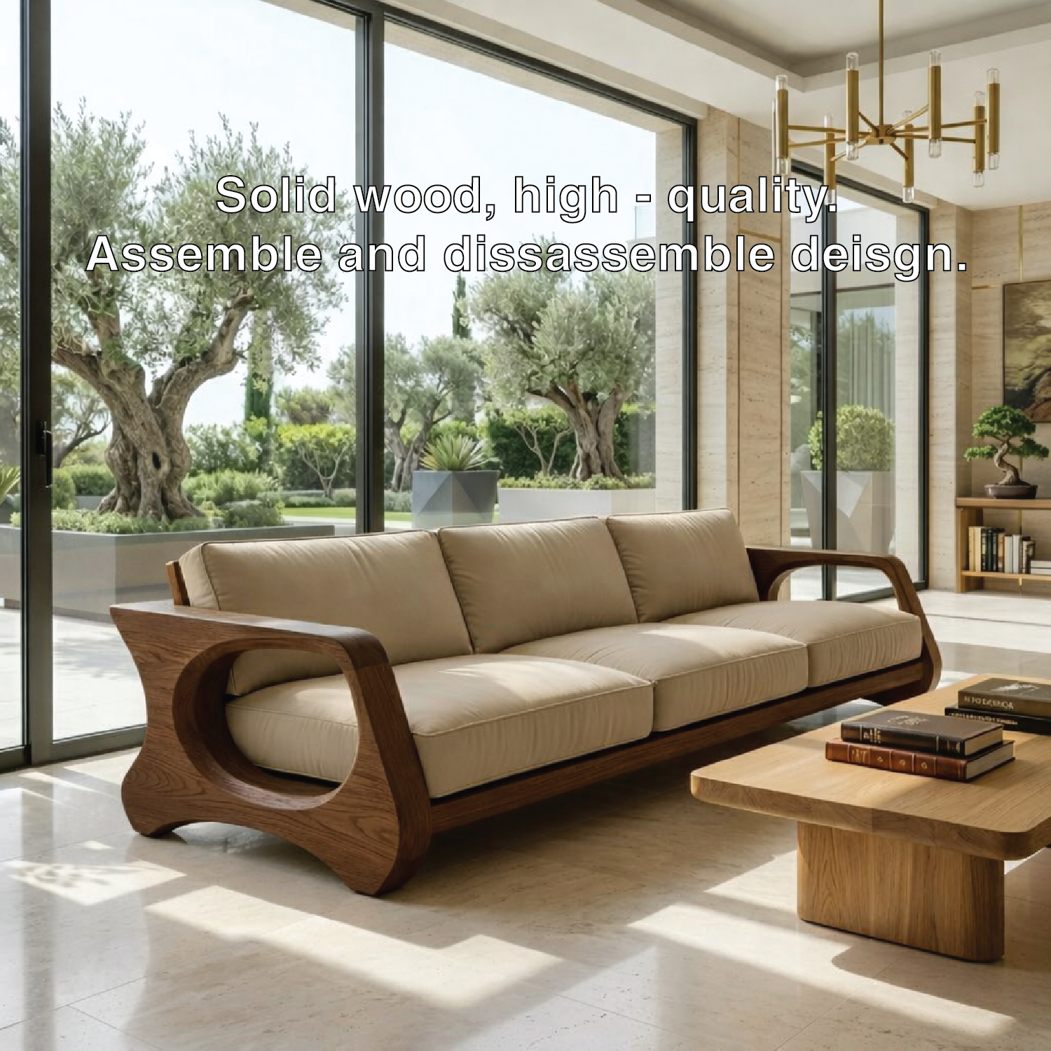 Modern Sculptural Solid Wood Sofa with Beige Cushions Organic Curved Couch