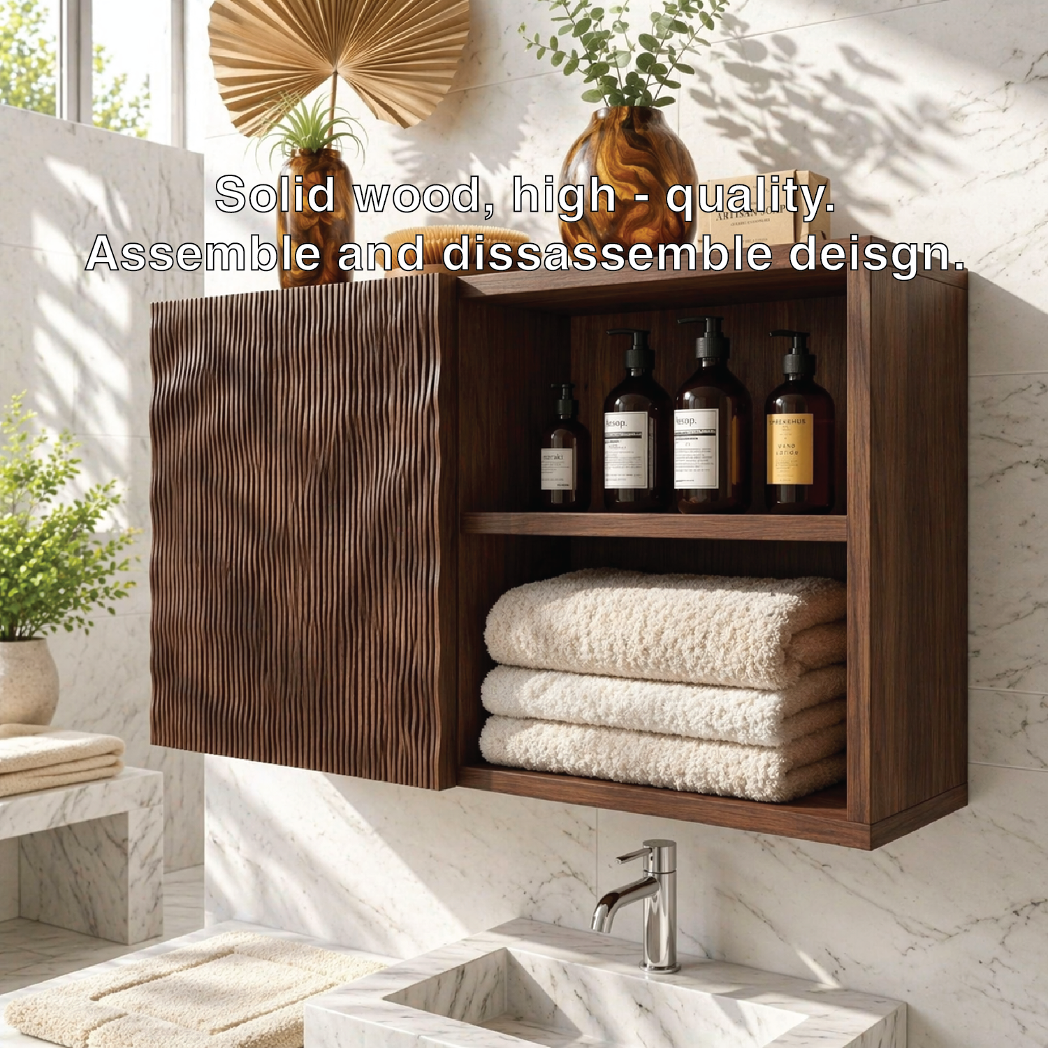 Floating Bathroom Cabinet, Modern Ribbed Wall Mounted Vanity Storage Shelf Organizer