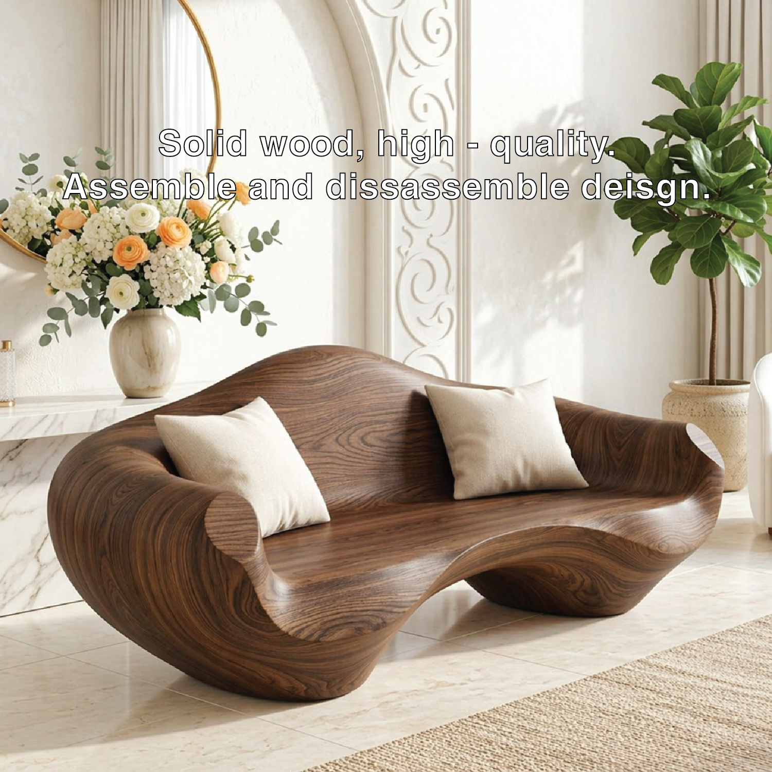 Modern Sculptural Curved Sofa, Organic Minimalist Statement Accent Furniture Piece