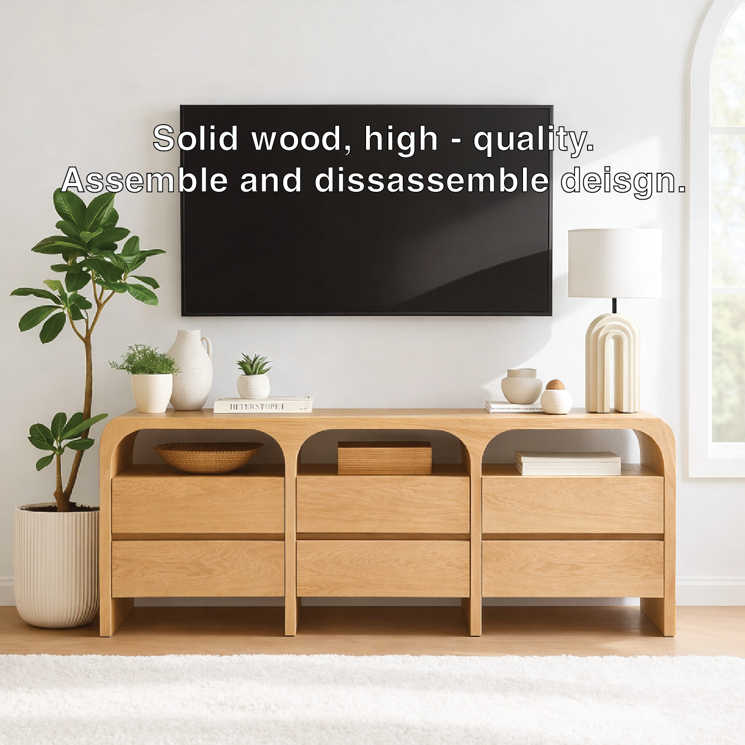 Modern Minimalist Wood TV Stand With Drawers Long Media Console Storage Cabinet