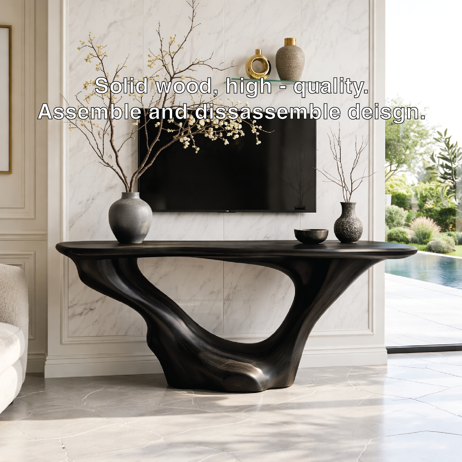 Solid Wood Console Table with Sculpted Curved Base, Modern Minimalist Design