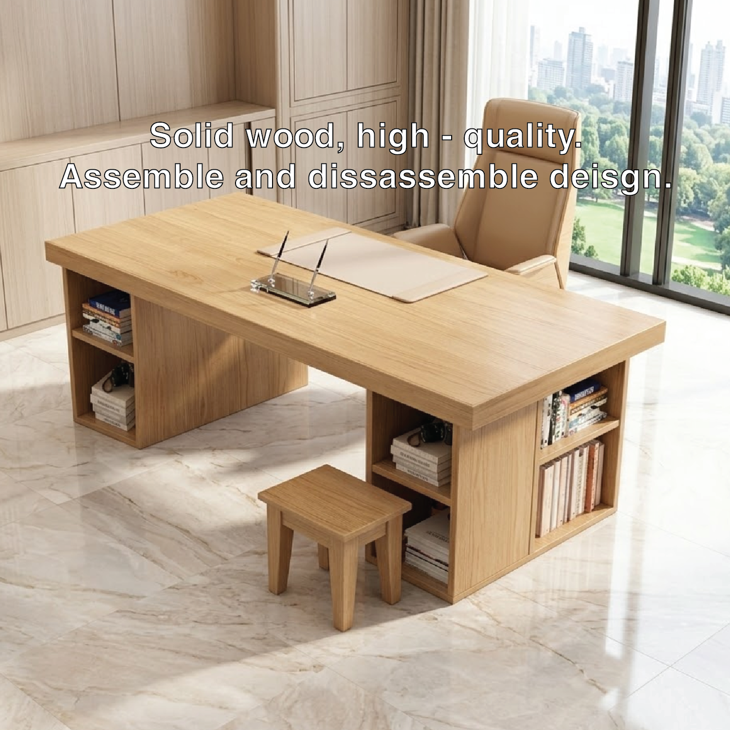 Large Executive Office Desk with Storage Shelves, Modern Writing Table for Home Office Study