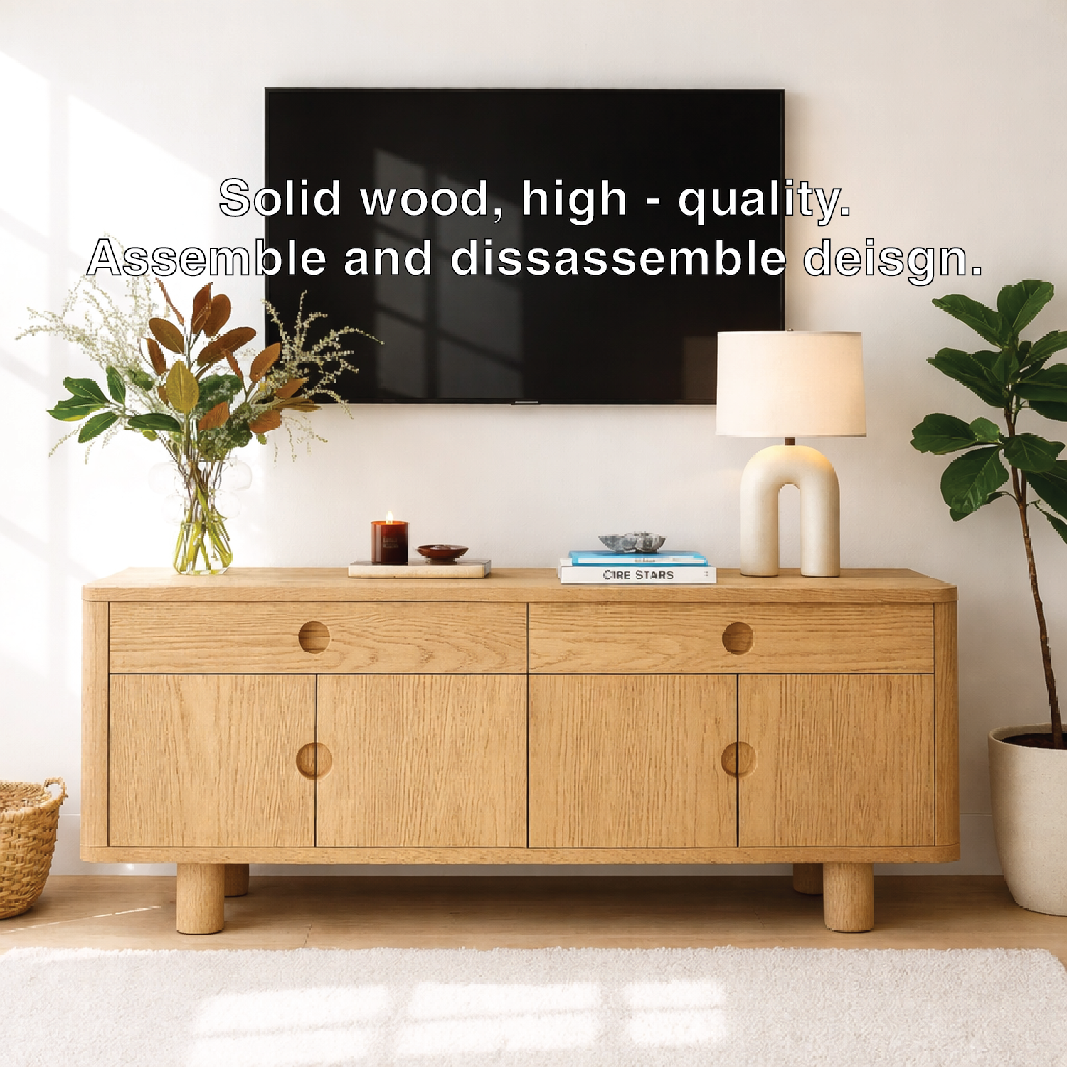 Minimalist Wood TV Stand With Cabinet Doors Long Media Console Modern Entertainment Center