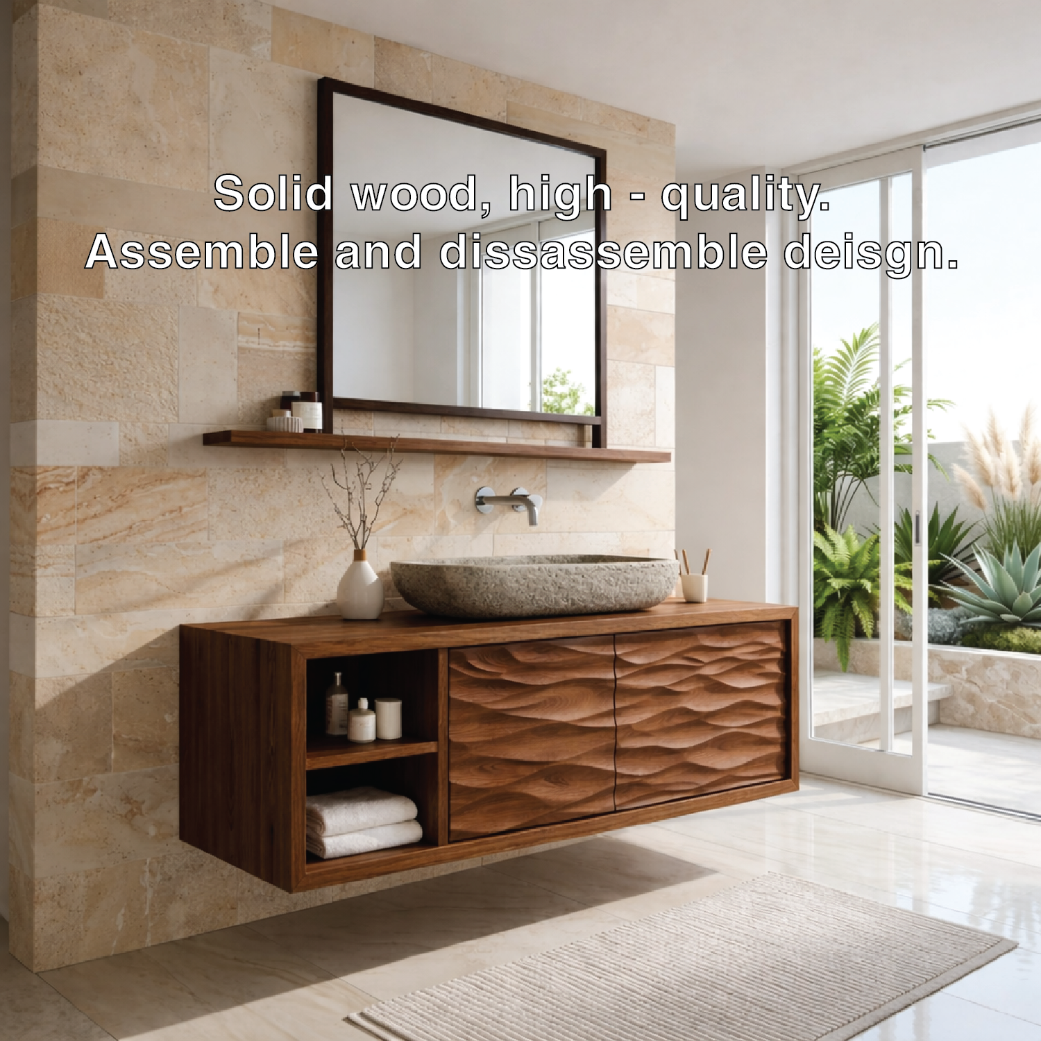 Modern Solid Wood Bathroom Vanity with Floating Storage and Textured Front Doors