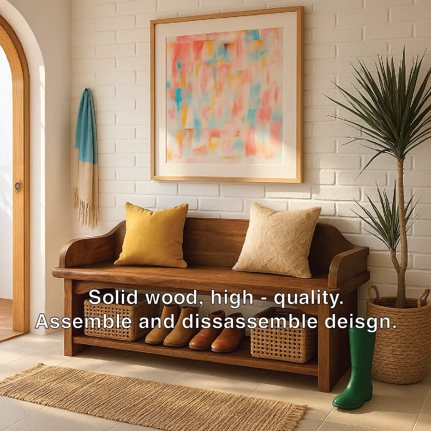 Solid Wood Entryway Bench with Armrests and Shoe Shelf Storage