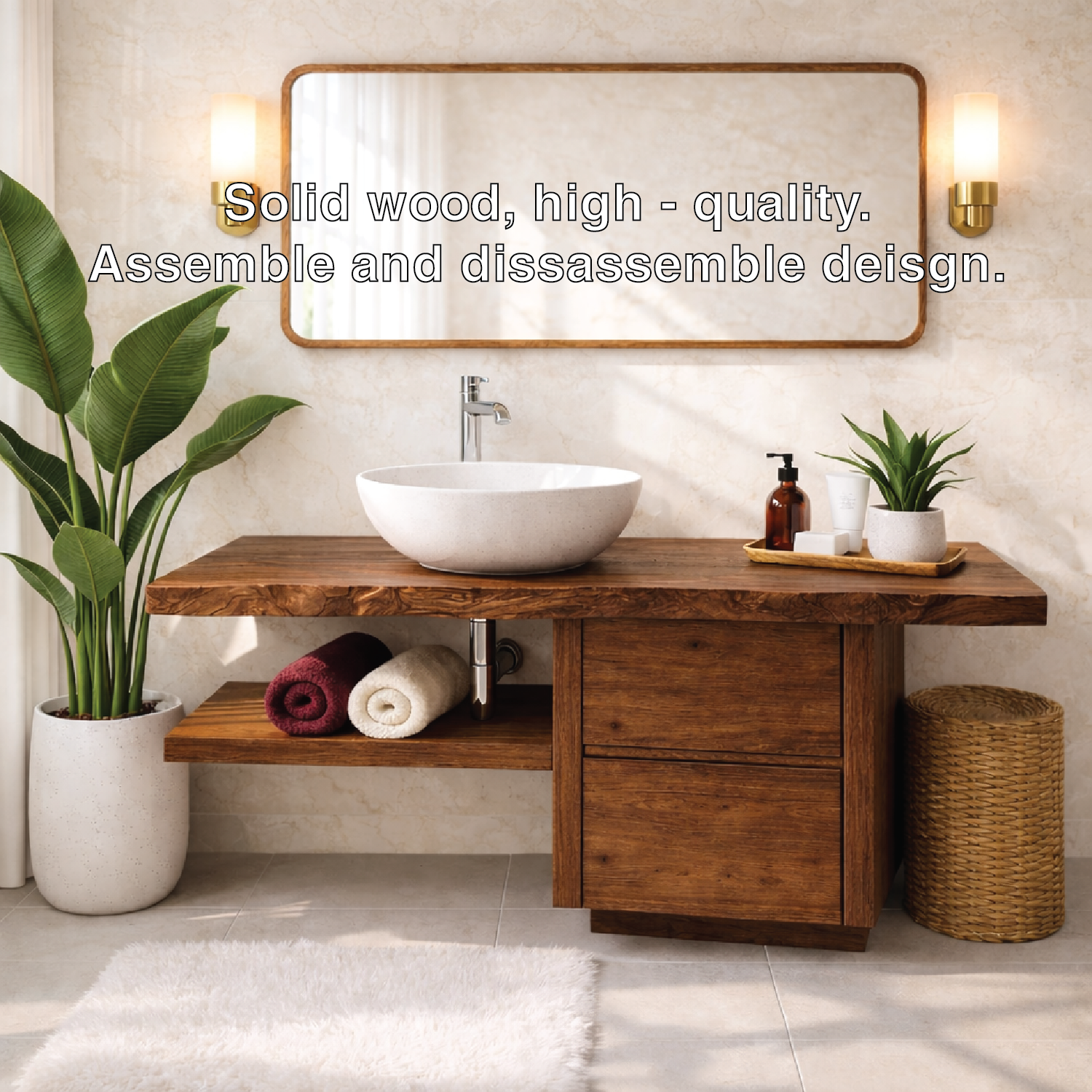 Handcrafted Solid Wood Bathroom Vanity with Live Edge Countertop and Modern Storage Design