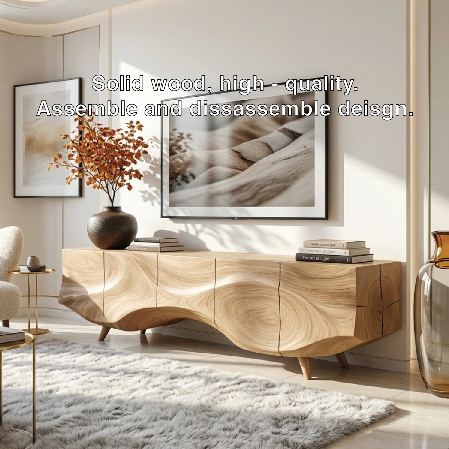 Solid Wood TV Stand, Sculpted-Wave Modern Media Console Cabinet for Living Room