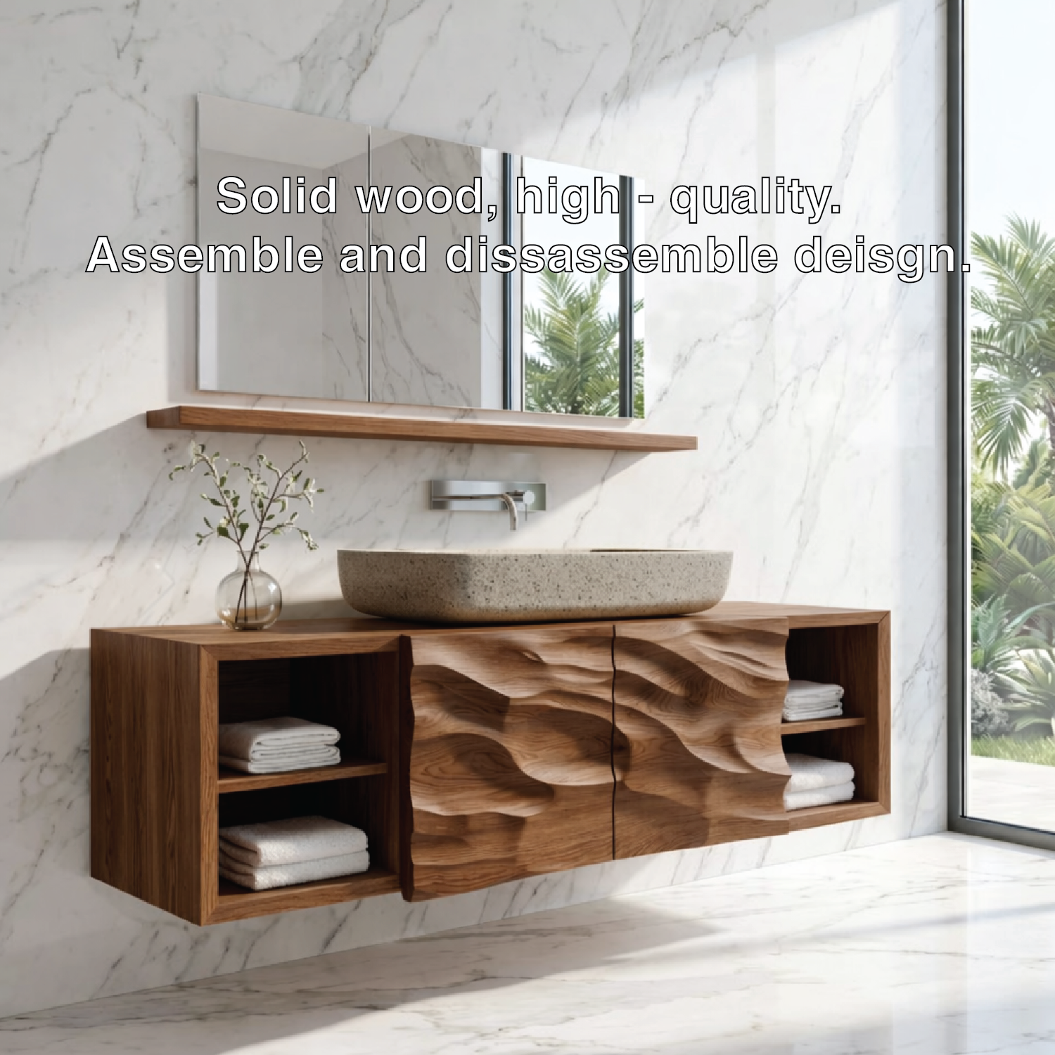 Modern Solid Wood Bathroom Vanity with Floating Storage and Sculpted Front Doors