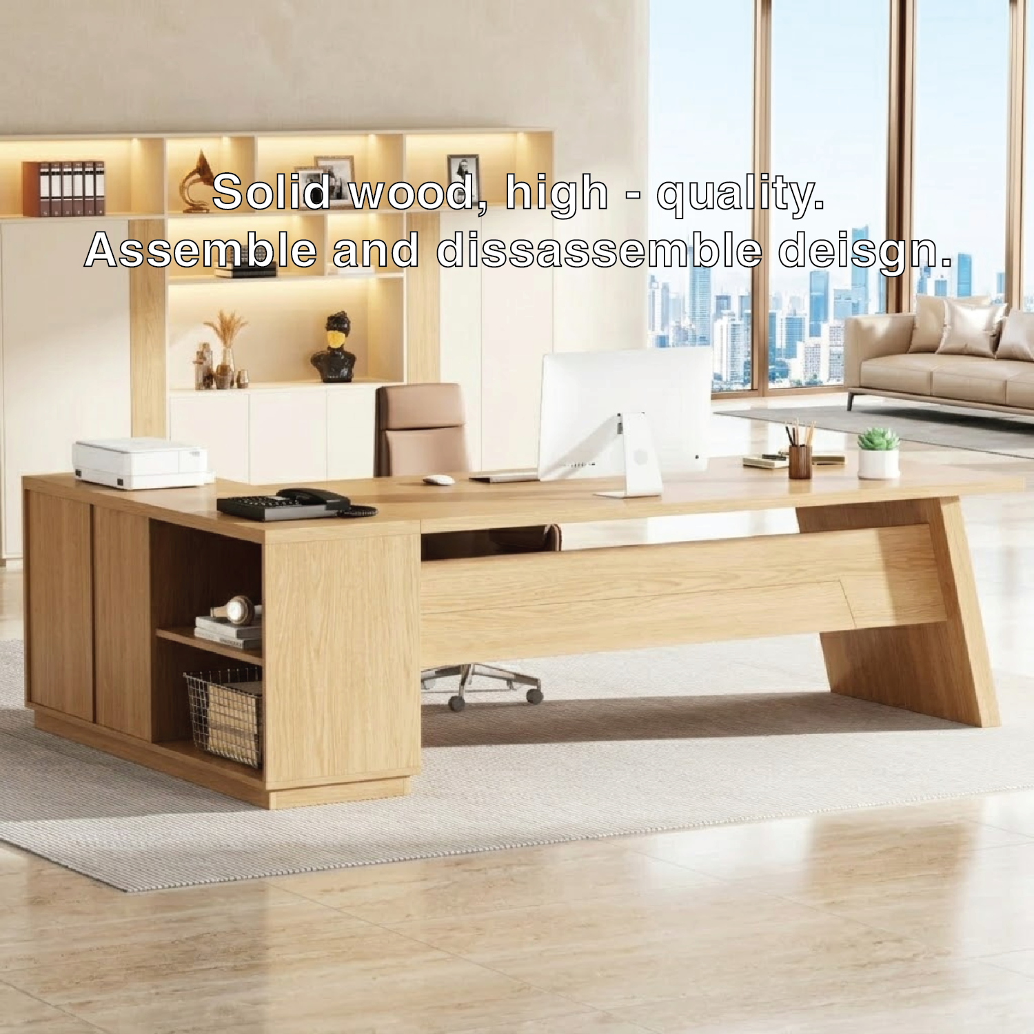 L Shaped Executive Desk with Storage, Modern Corner Office Table for Home Office Study