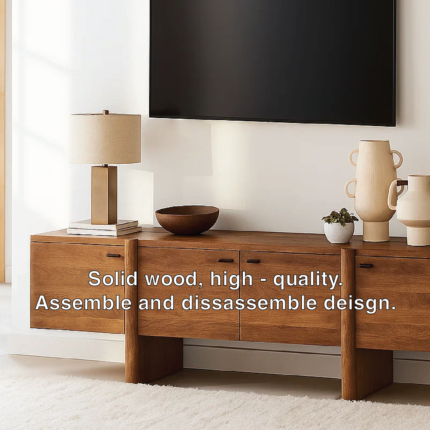 Handcrafted Solid Wood TV Stand with Drawer and Open Shelf Mid Century Modern Media Console