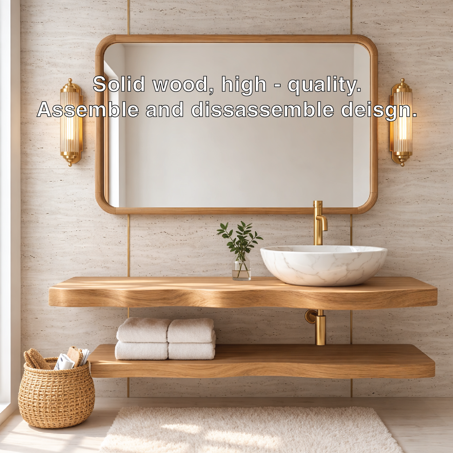 Natural Wood Floating Vanity with Curved Design, Shelf Storage, and Ceramic Sink