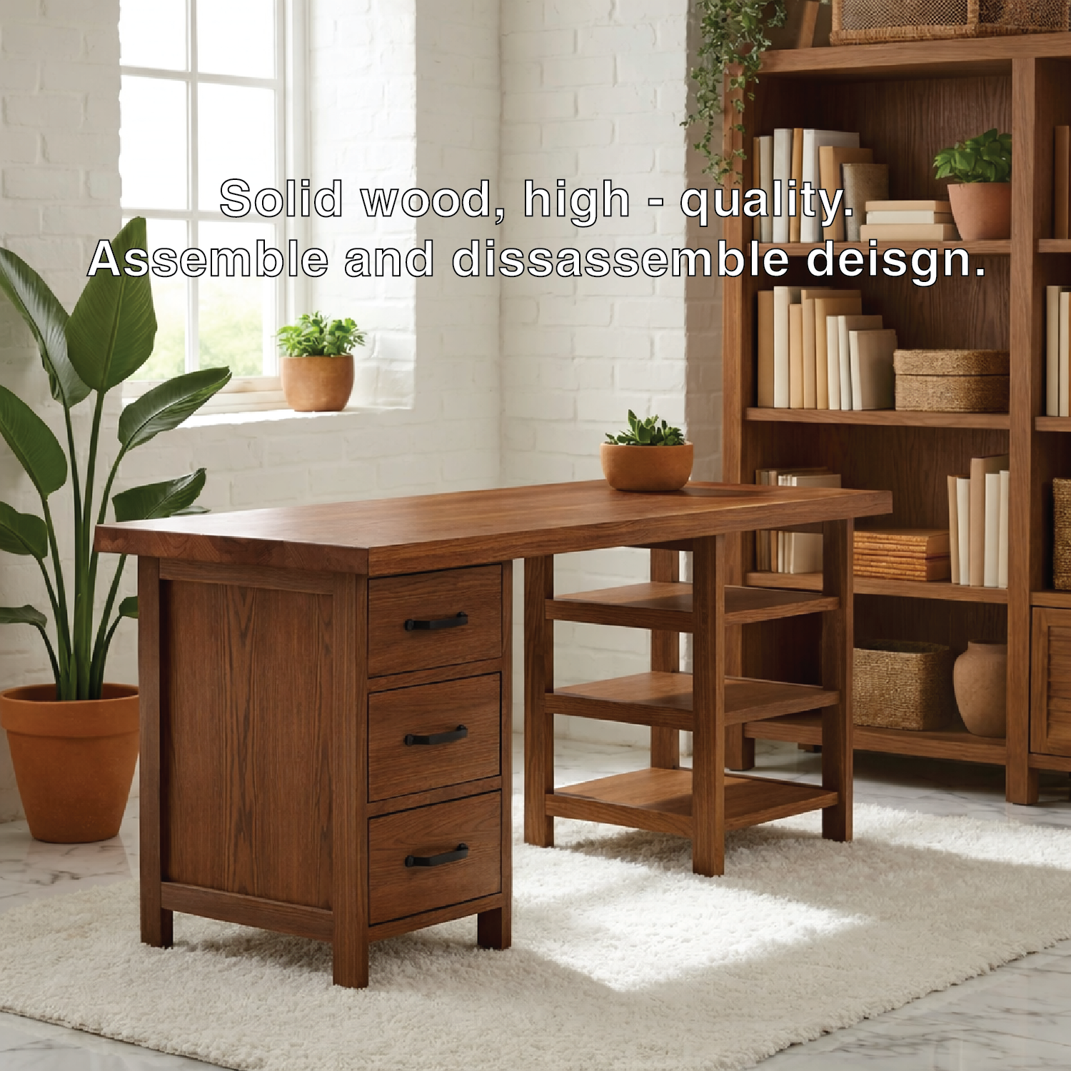 Modern Work Desk with Drawers and Open Shelving Home Office Minimal Storage Desk