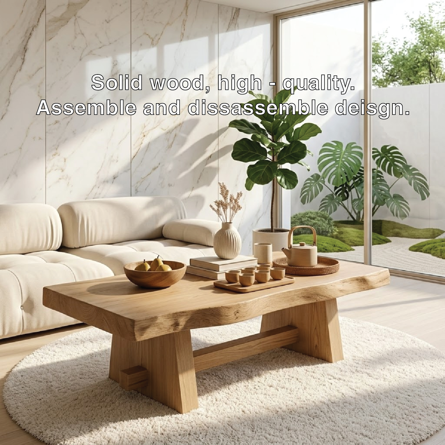 Solid Wood Coffee Table with Unique Design and Spacious Storage Shelf for Living Room