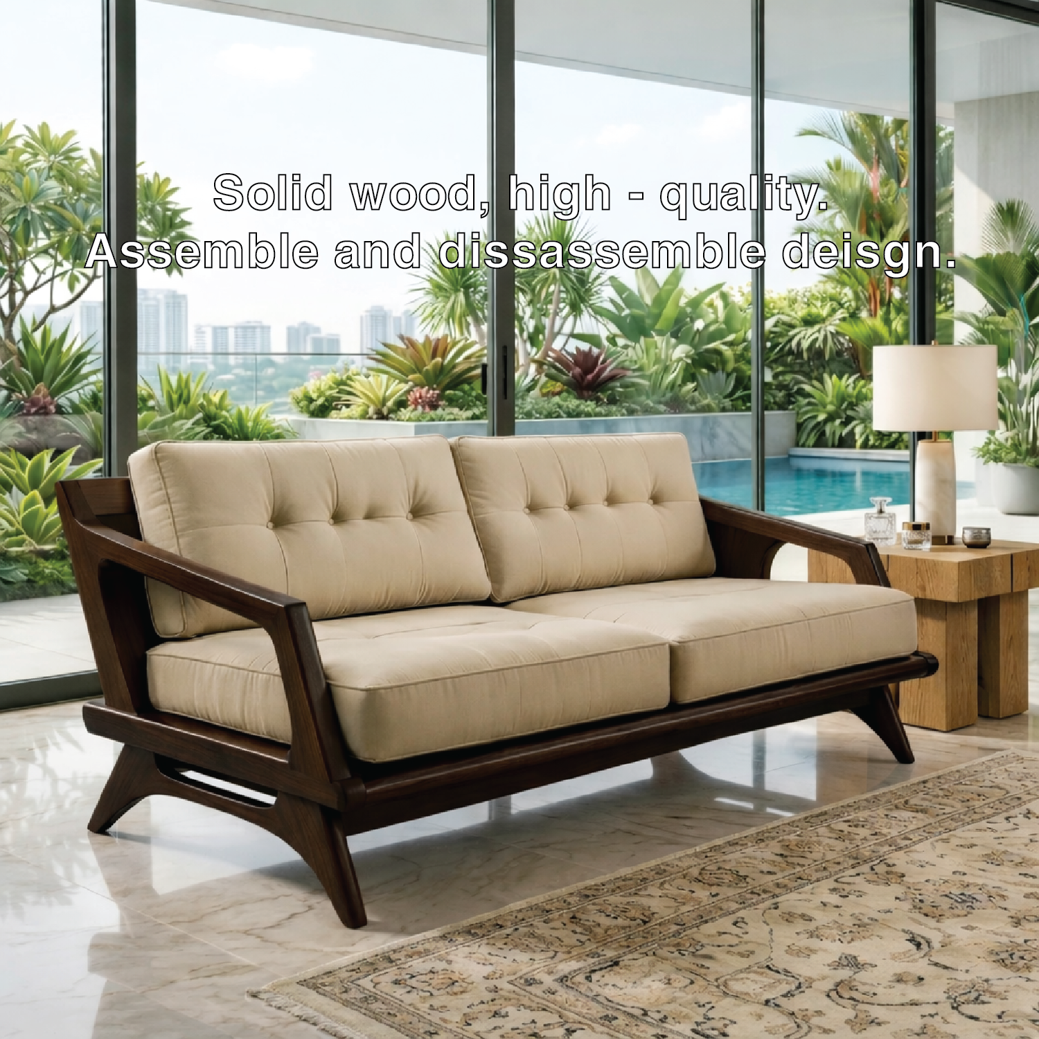 Mid Century Solid Wood Sofa with Beige Tufted Cushions Modern Loveseat Couch