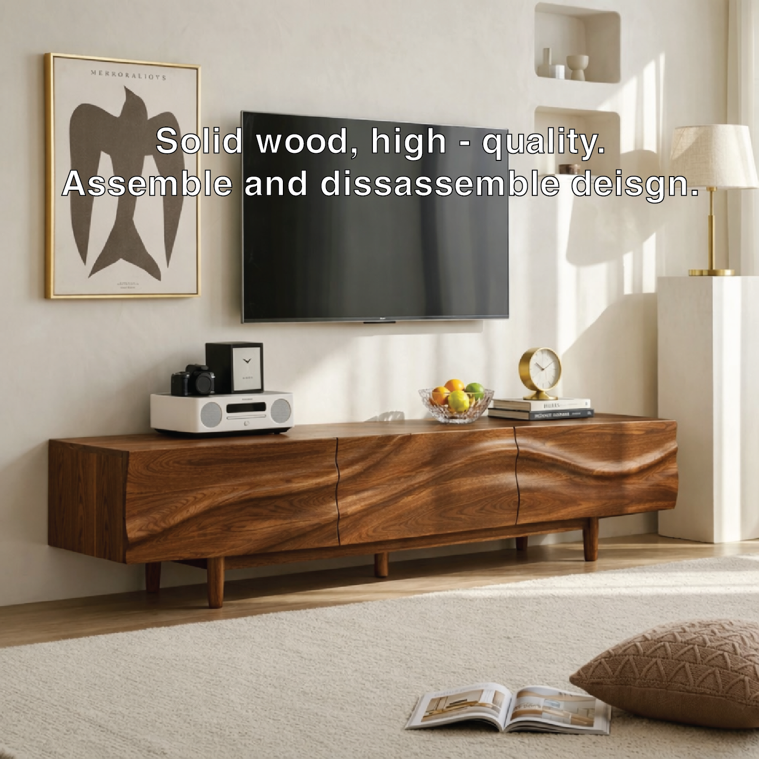 Solid Wood TV Stand with Wave Front, Modern Media Console Cabinet