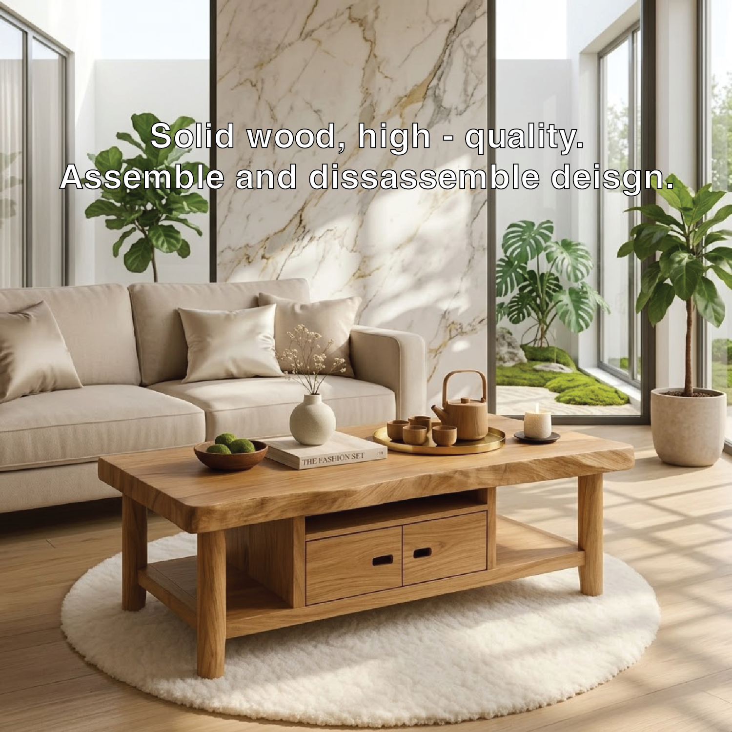 Solid Wood Coffee Table with Storage Shelf and Drawers for Living Room Decor