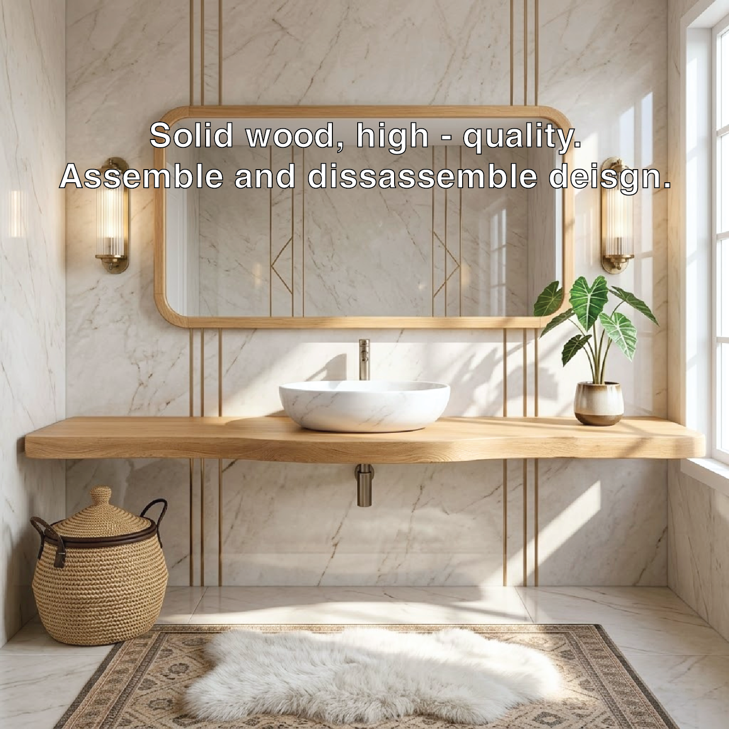 Floating Vanity with Wooden Base, White Stone Sink, and Elegant Design