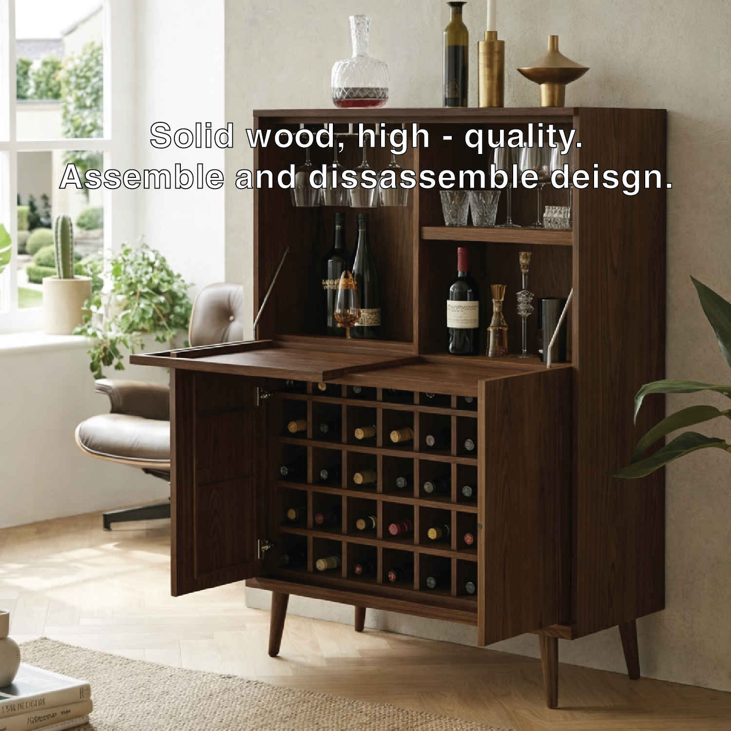 Modern Wine Bar Cabinet with Fold Down Shelves and Large Bottle Storage