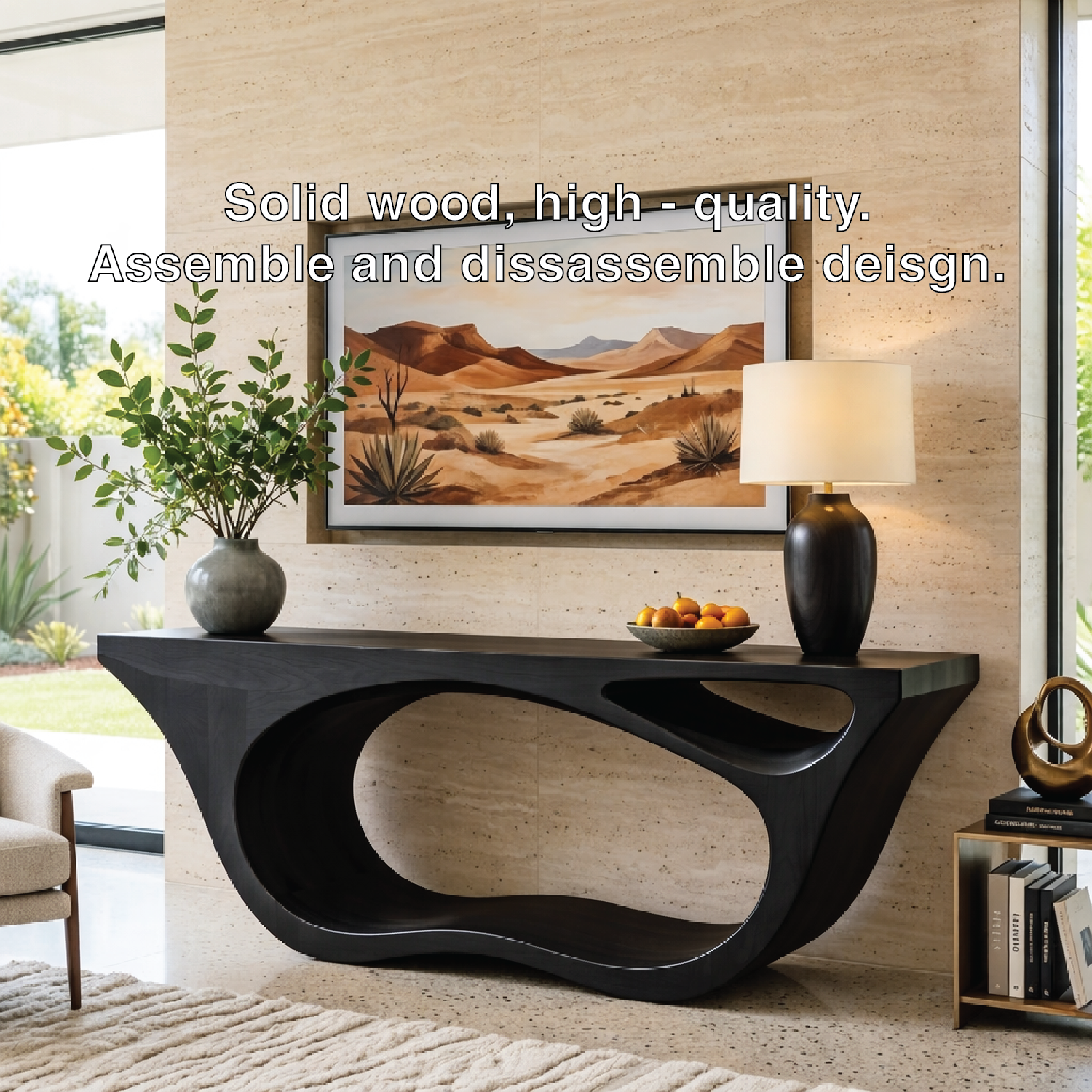 Solid Wood Console Table with Sculpted Open Base, Modern Organic Design