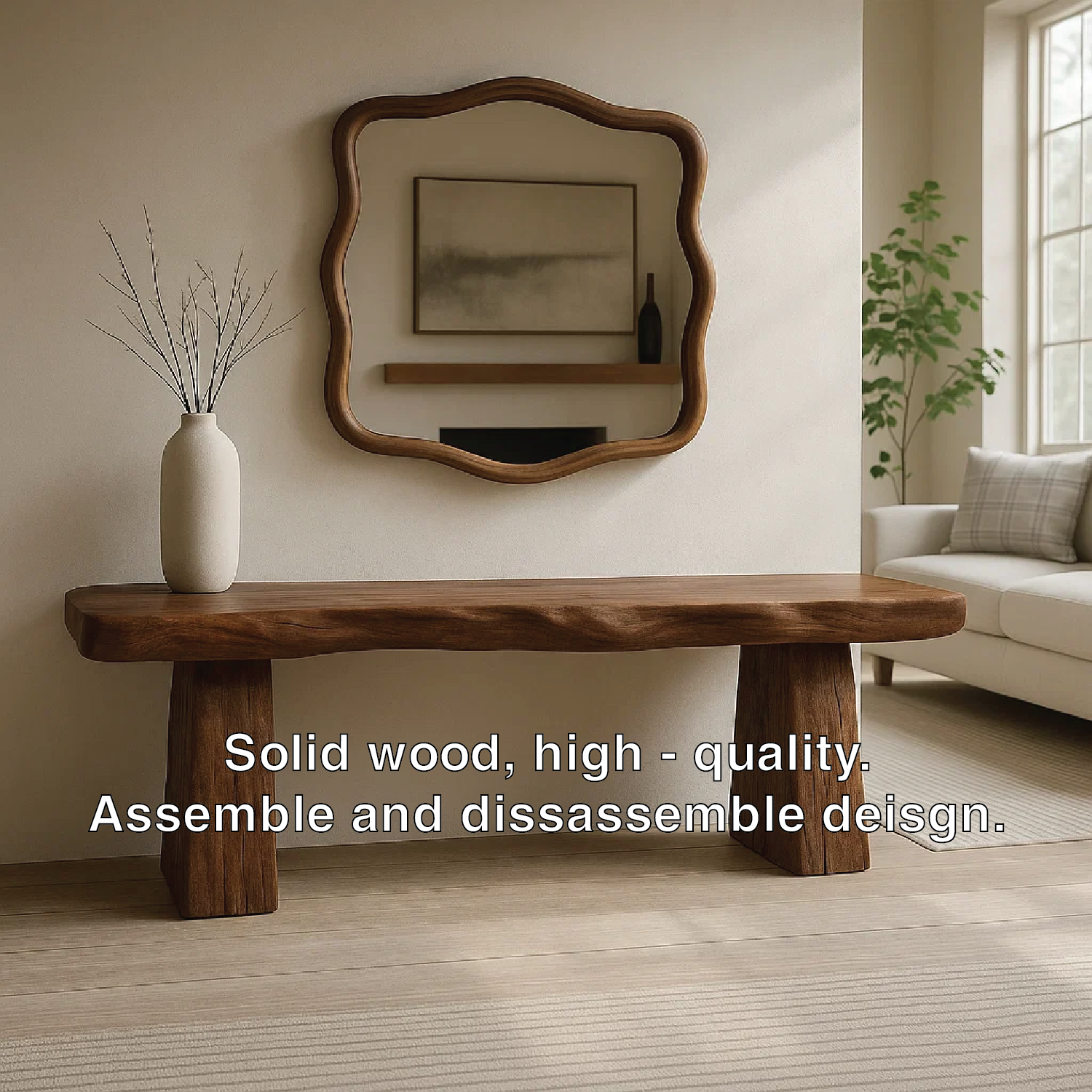 Solid Wood Entryway Bench with Sculpted Base, Handmade Rustic Hallway Seat