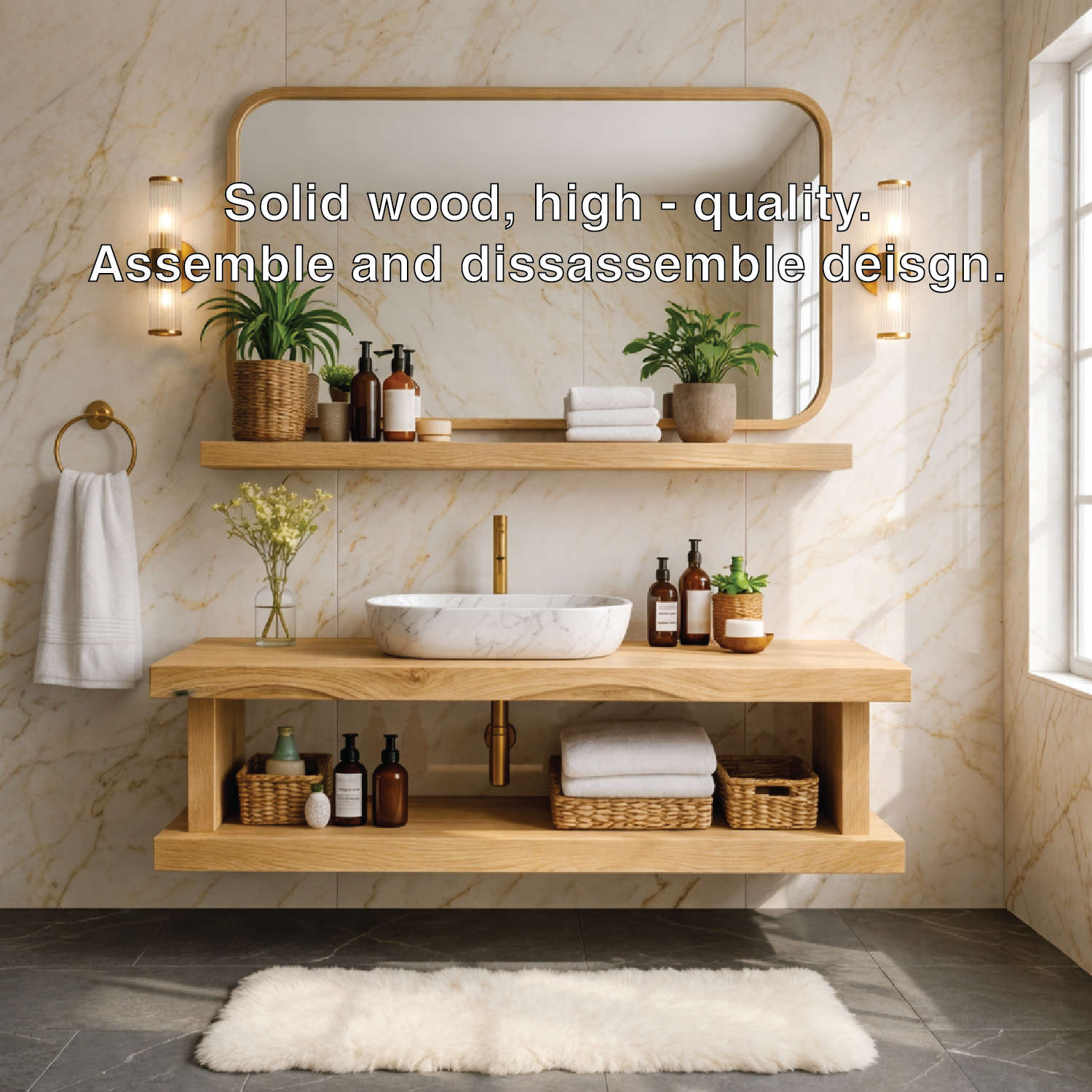 Floating Bathroom Vanity with Natural Wood Shelf Storage and Modern Wall Mounted Design