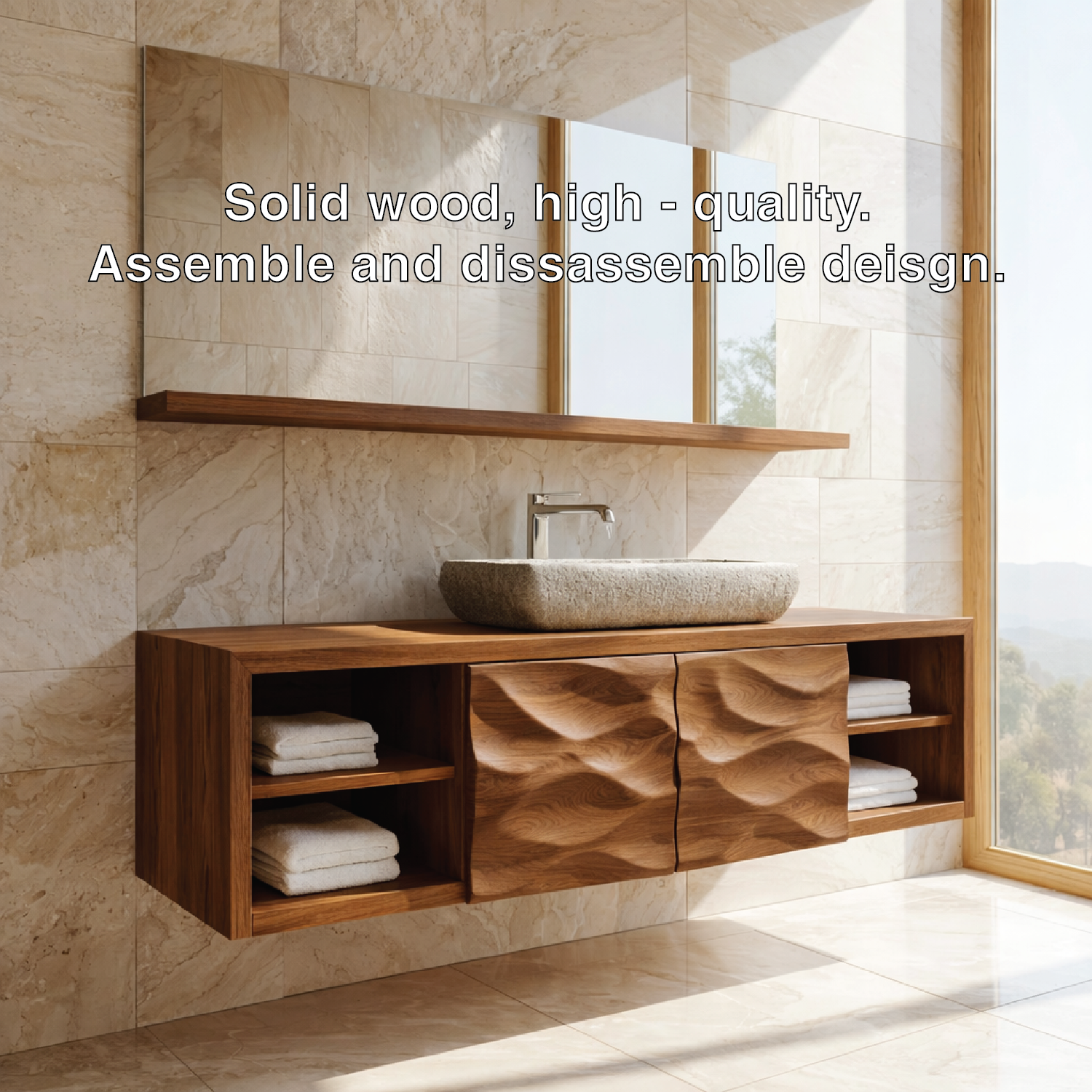 Modern Solid Wood Bathroom Vanity with Floating Storage and Sculpted Cabinet Doors