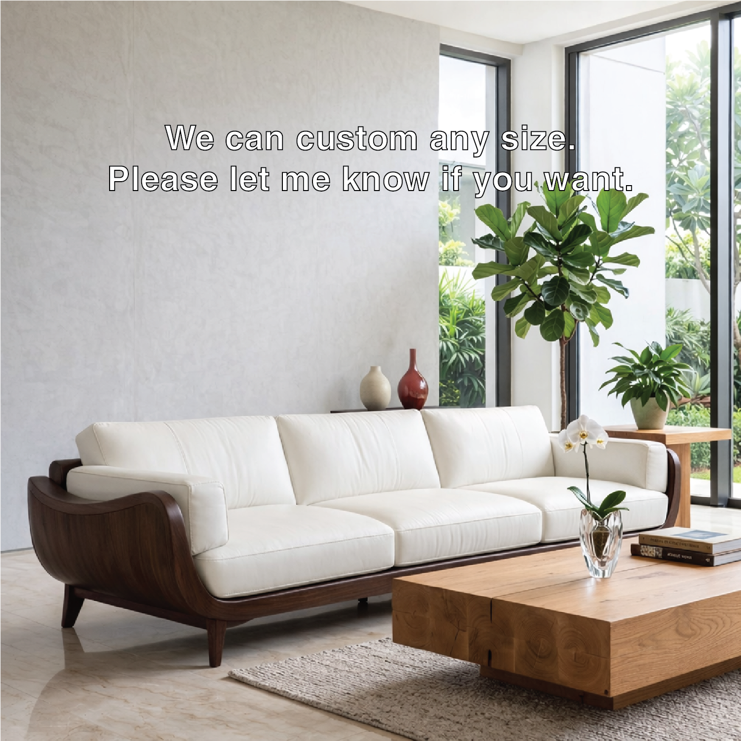 Modern Curved Solid Wood Sofa with White Leather Cushions Luxury Scandi Couch