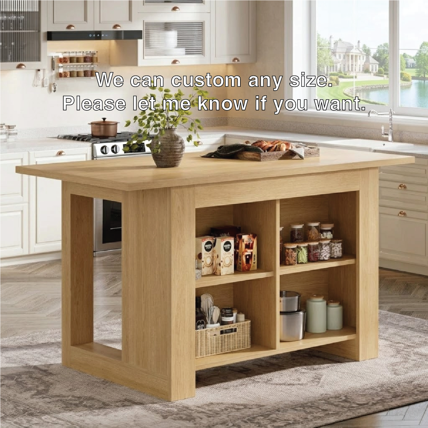Large Kitchen Island with Open Storage Shelves, Modern Prep Table for Kitchen Dining Space
