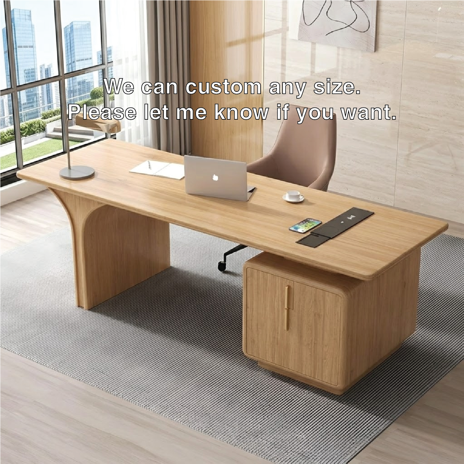 Modern Executive Desk with Curved Base and Cabinet, Minimalist Office Writing Table