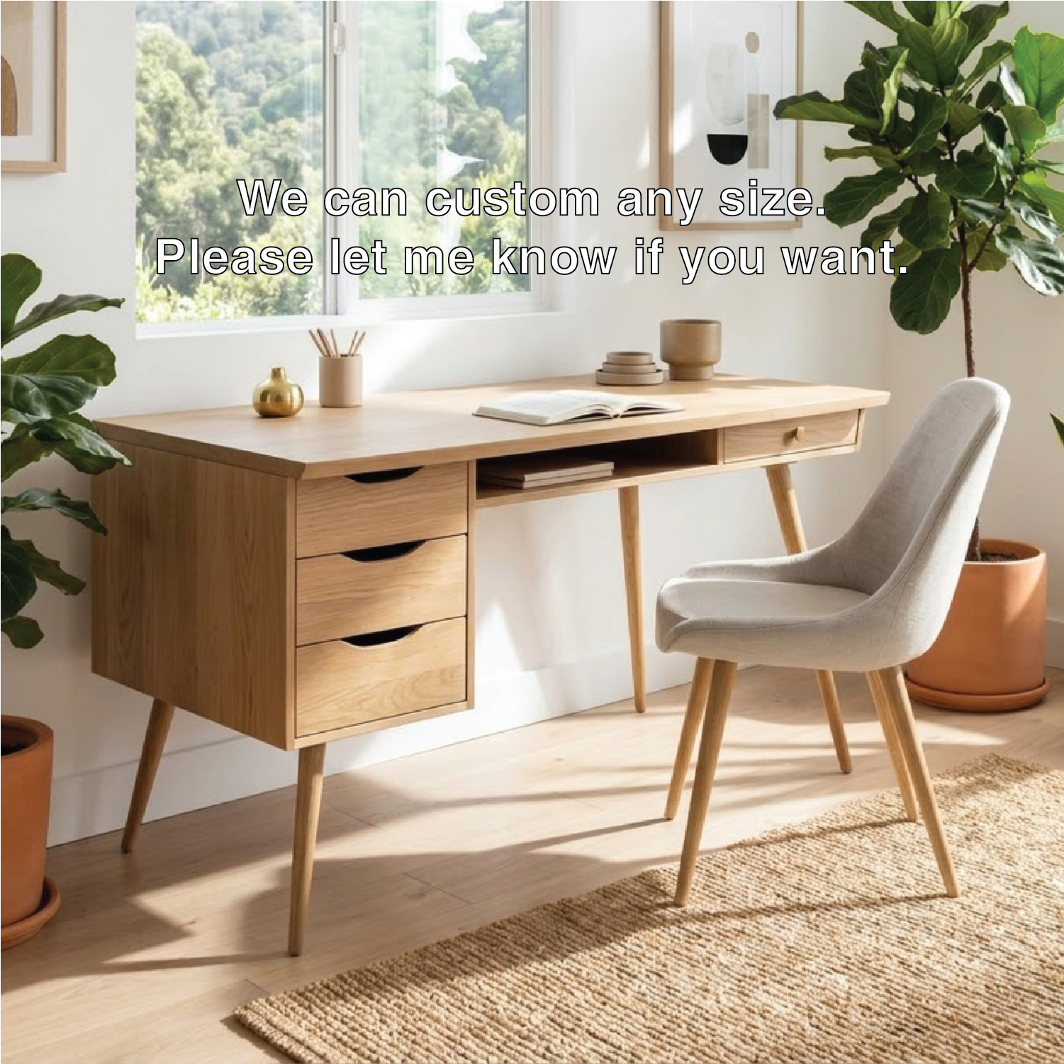 Mid Century Modern Desk with Drawers Storage Home Office Writing Table Solid Frame