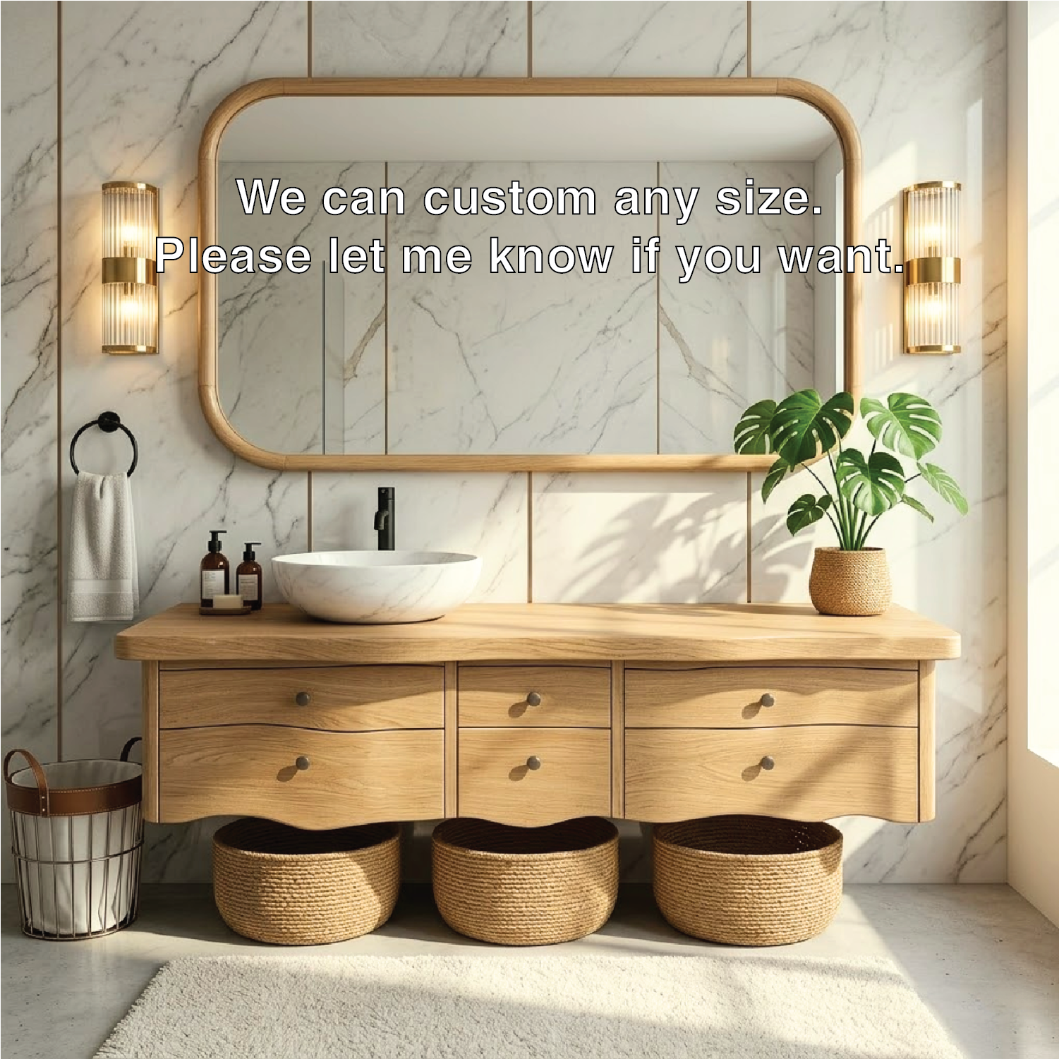 Rustic Double Sink Floating Vanity with Wooden Base and Black Faucets