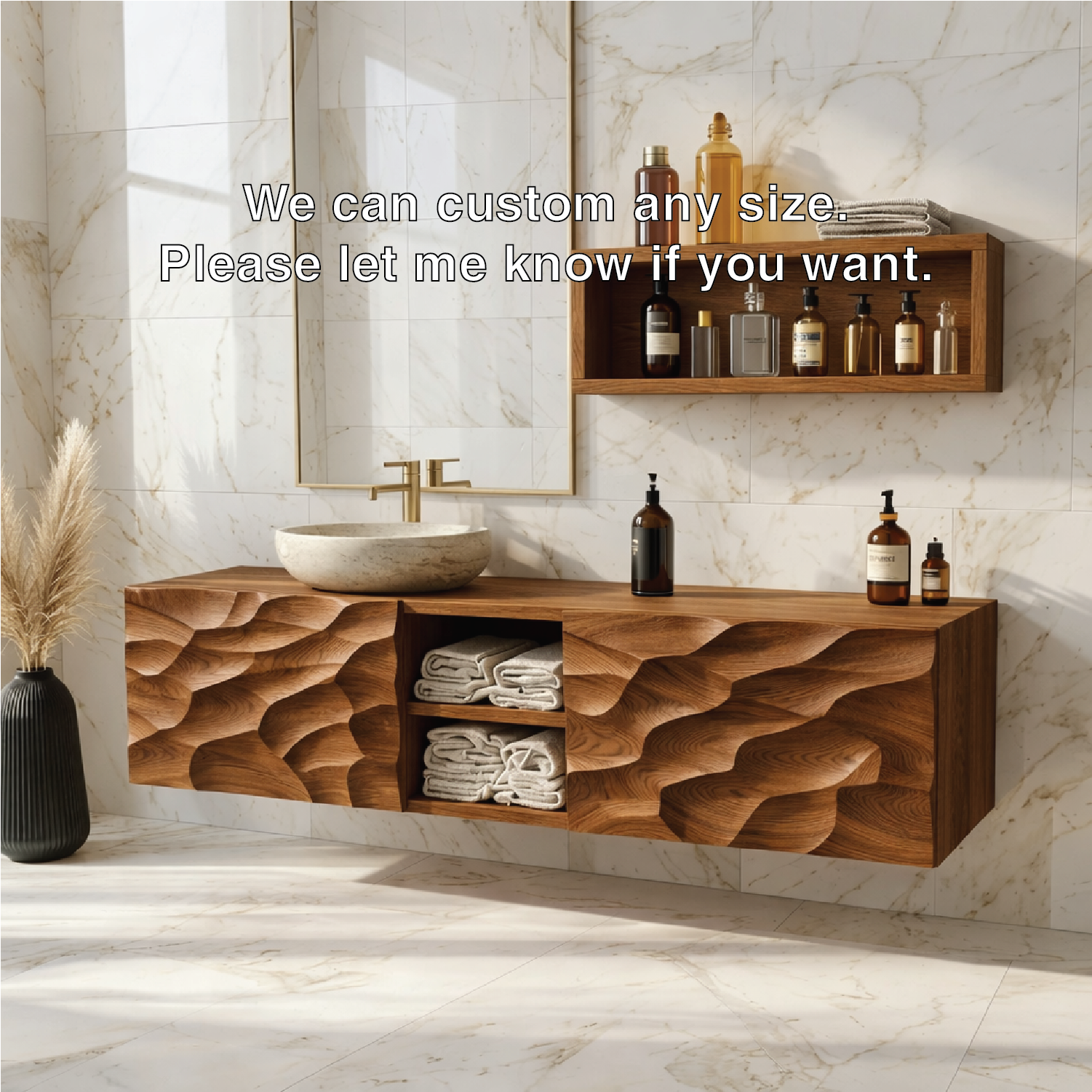 Modern Solid Wood Bathroom Vanity with Floating Storage and Sculpted Front Panels